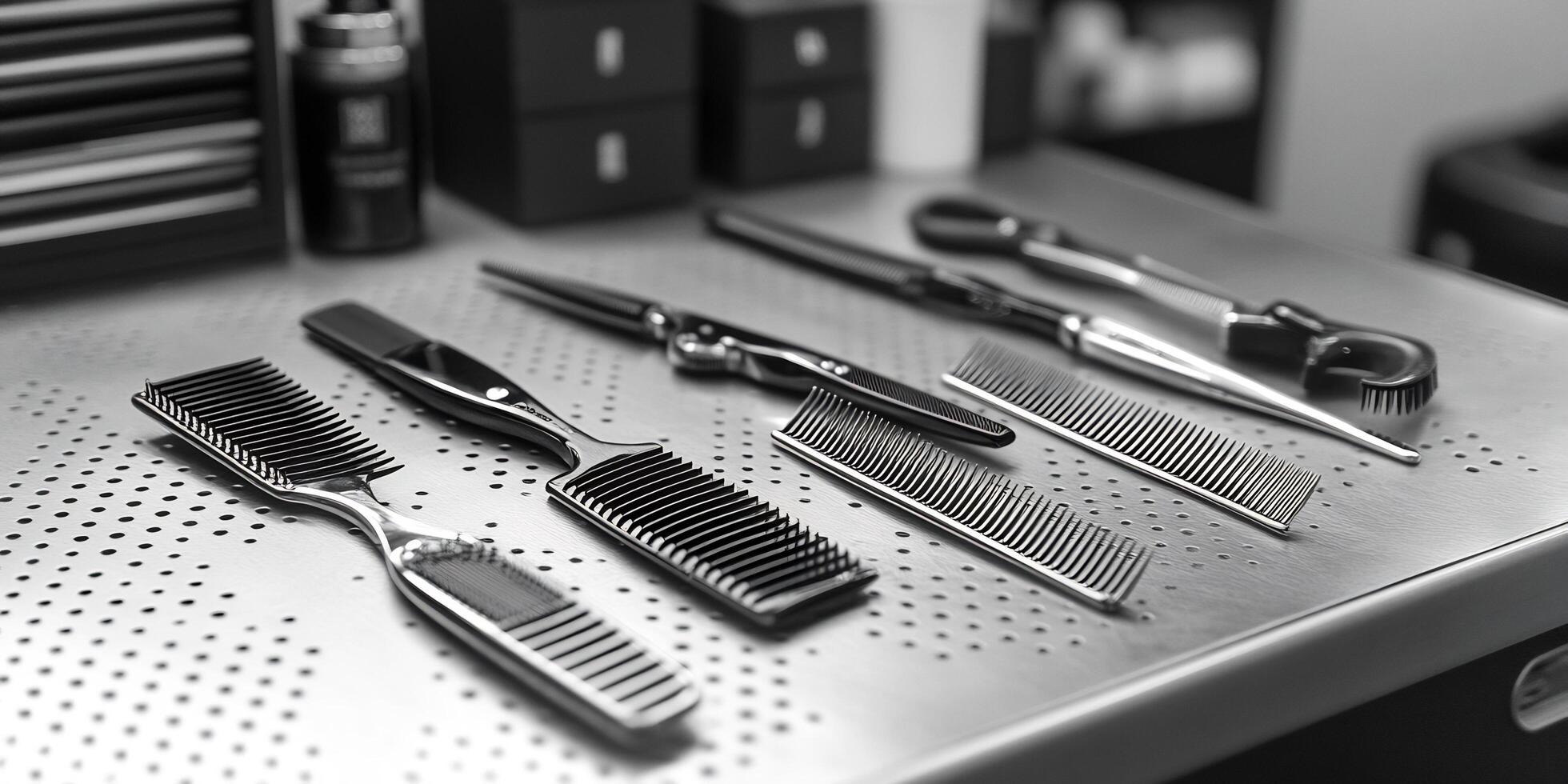 Professional hair styling tools neatly arranged on a metallic surface in a salon setting photo