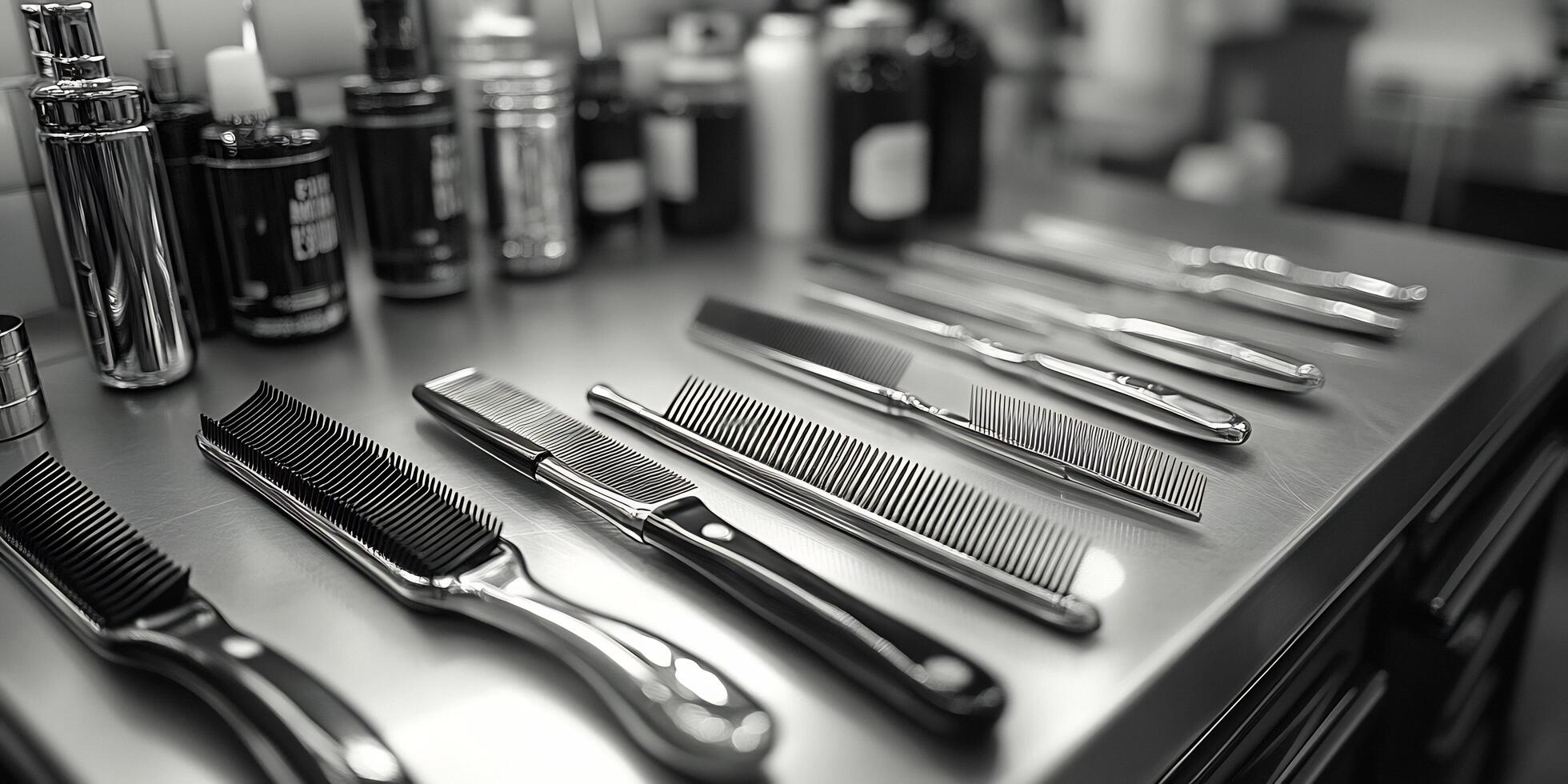 A grayscale close-up of combs and bottles on a metallic surface in a barber shop photo