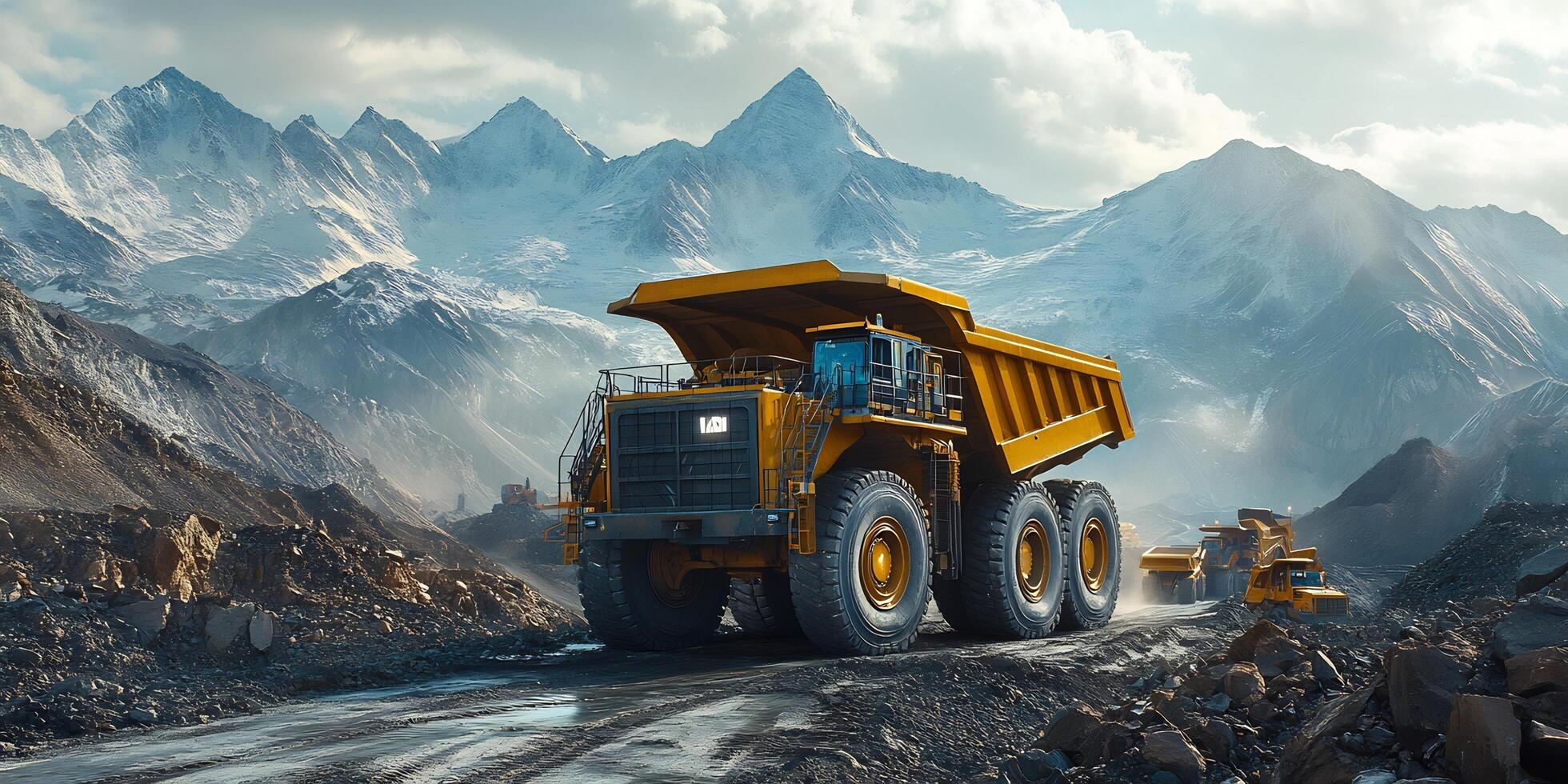 Large yellow dump trucks operate in a mountainous mining area with snow covered peaks photo