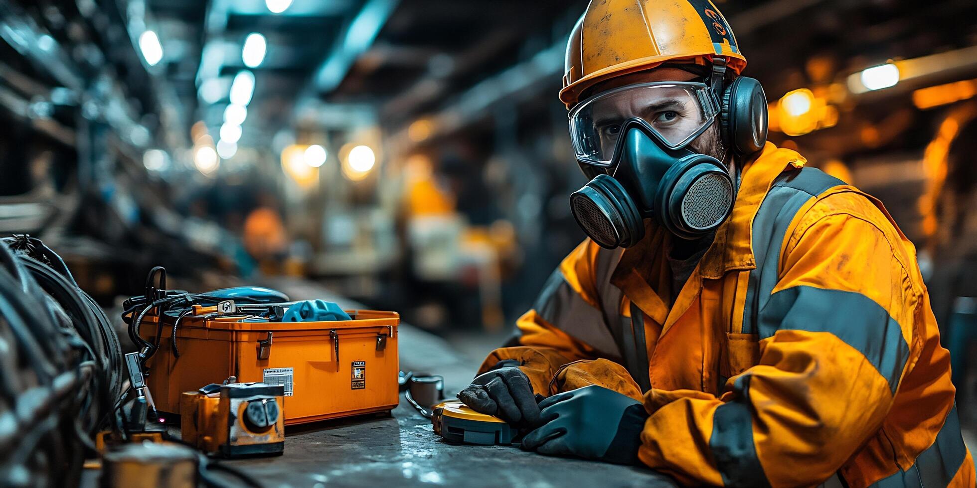 Industrial worker wearing safety gear in a factory setting with tools on a table photo
