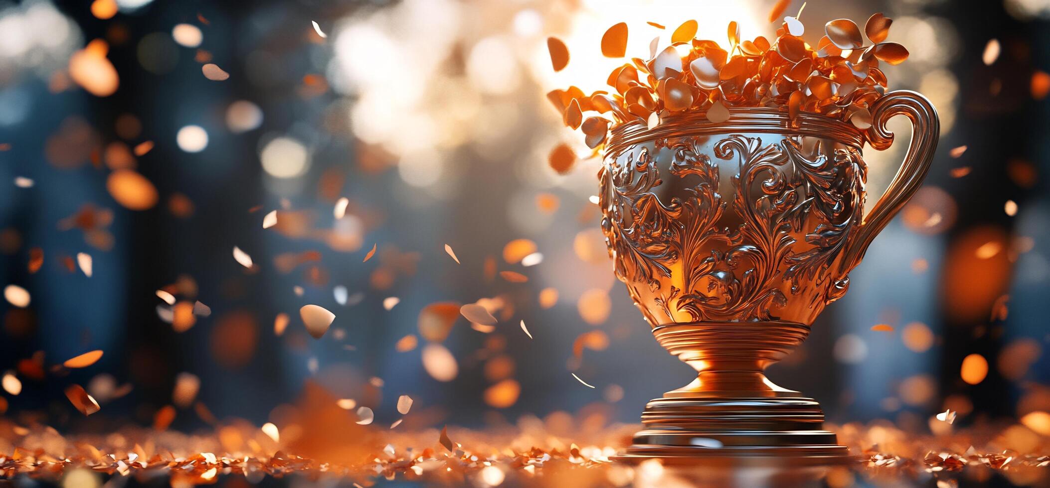 Golden trophy cup adorned with ornate designs and foliage amidst falling confetti photo