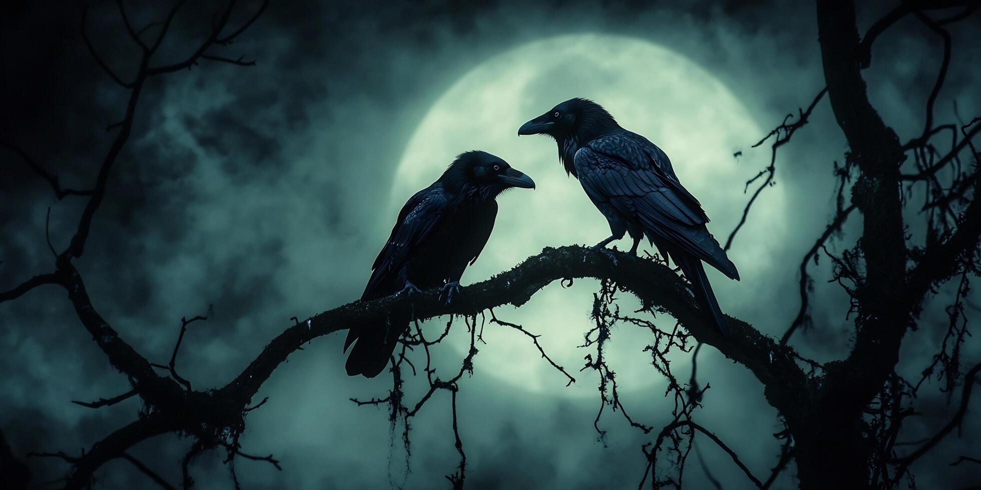 Two ravens perched on a bare branch silhouetted against a large full moon at night photo
