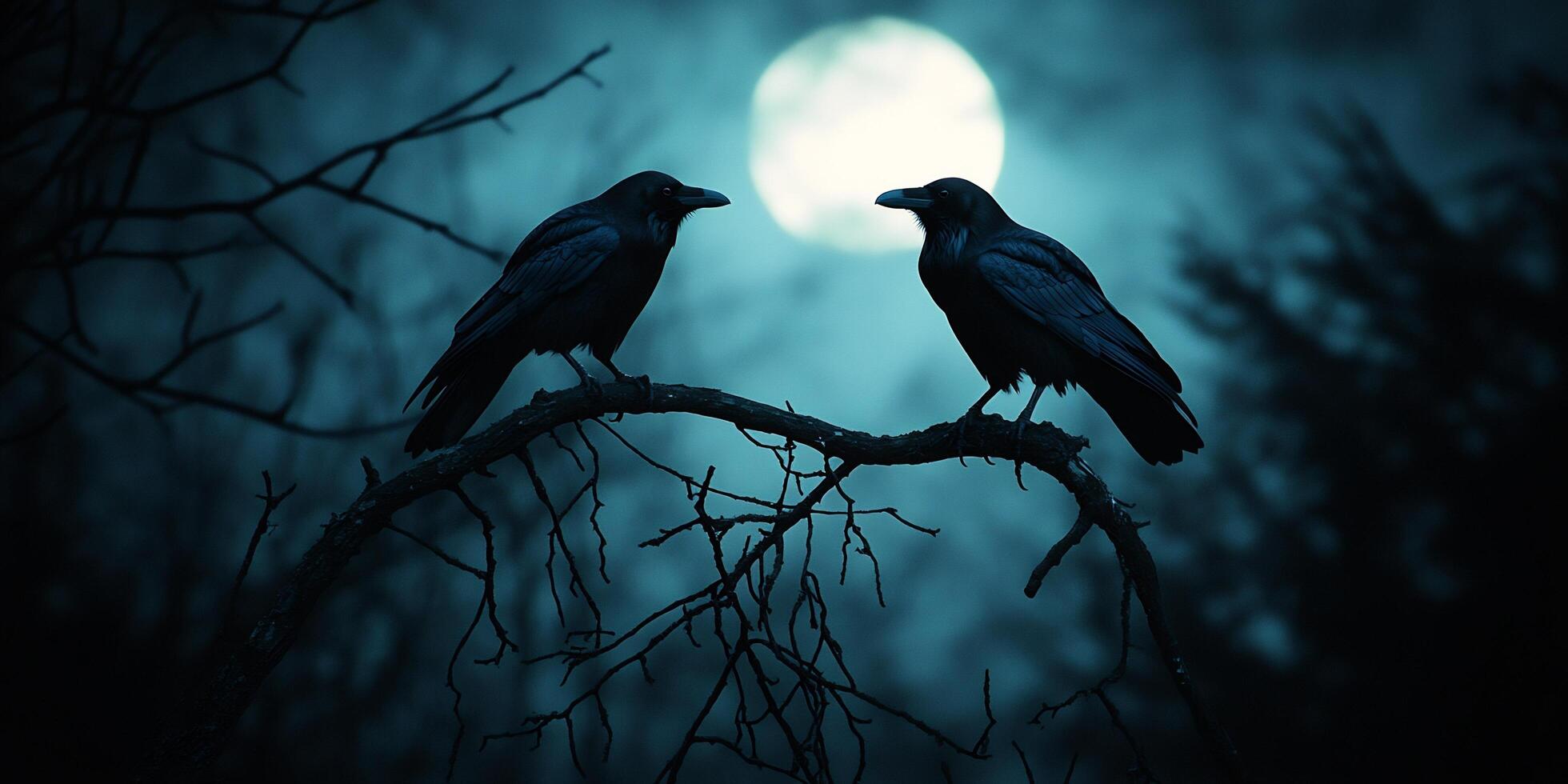 Two ravens silhouetted against a full moon, perched on a tree branch at night photo