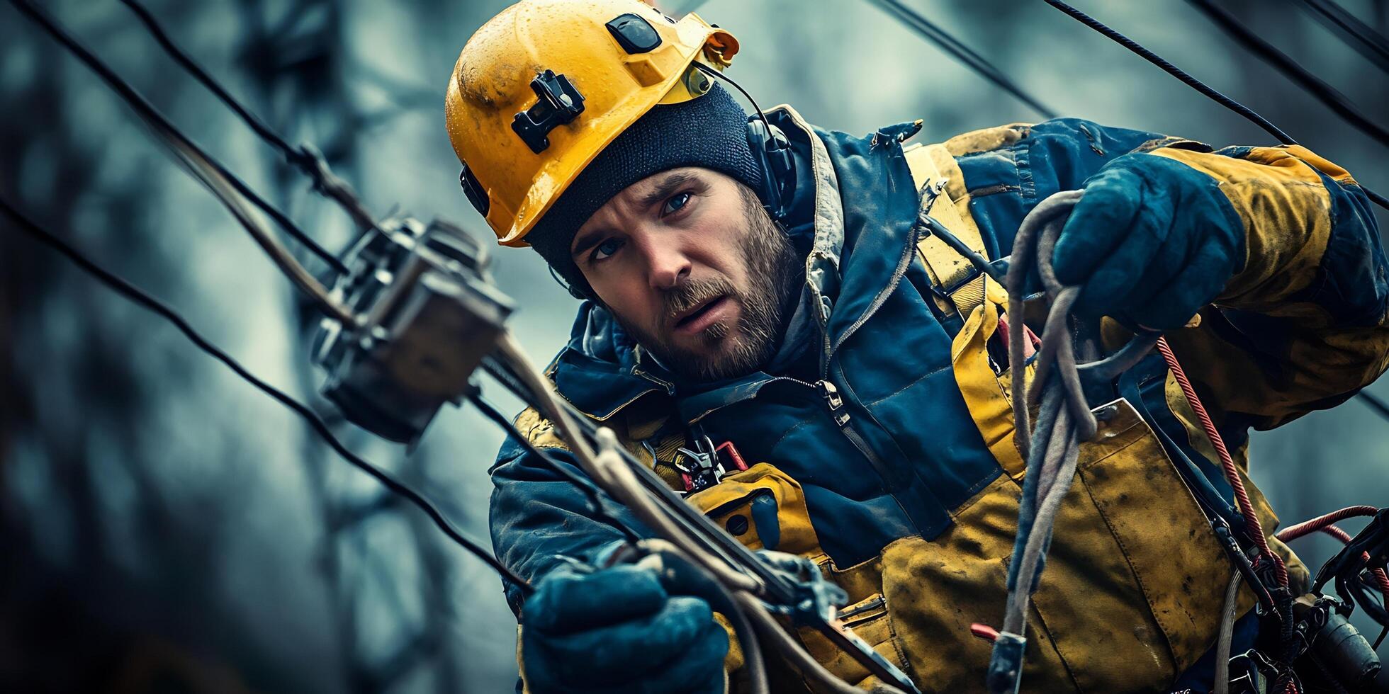 Electrical worker in yellow helmet and blue jacket handling high voltage lines for repair photo