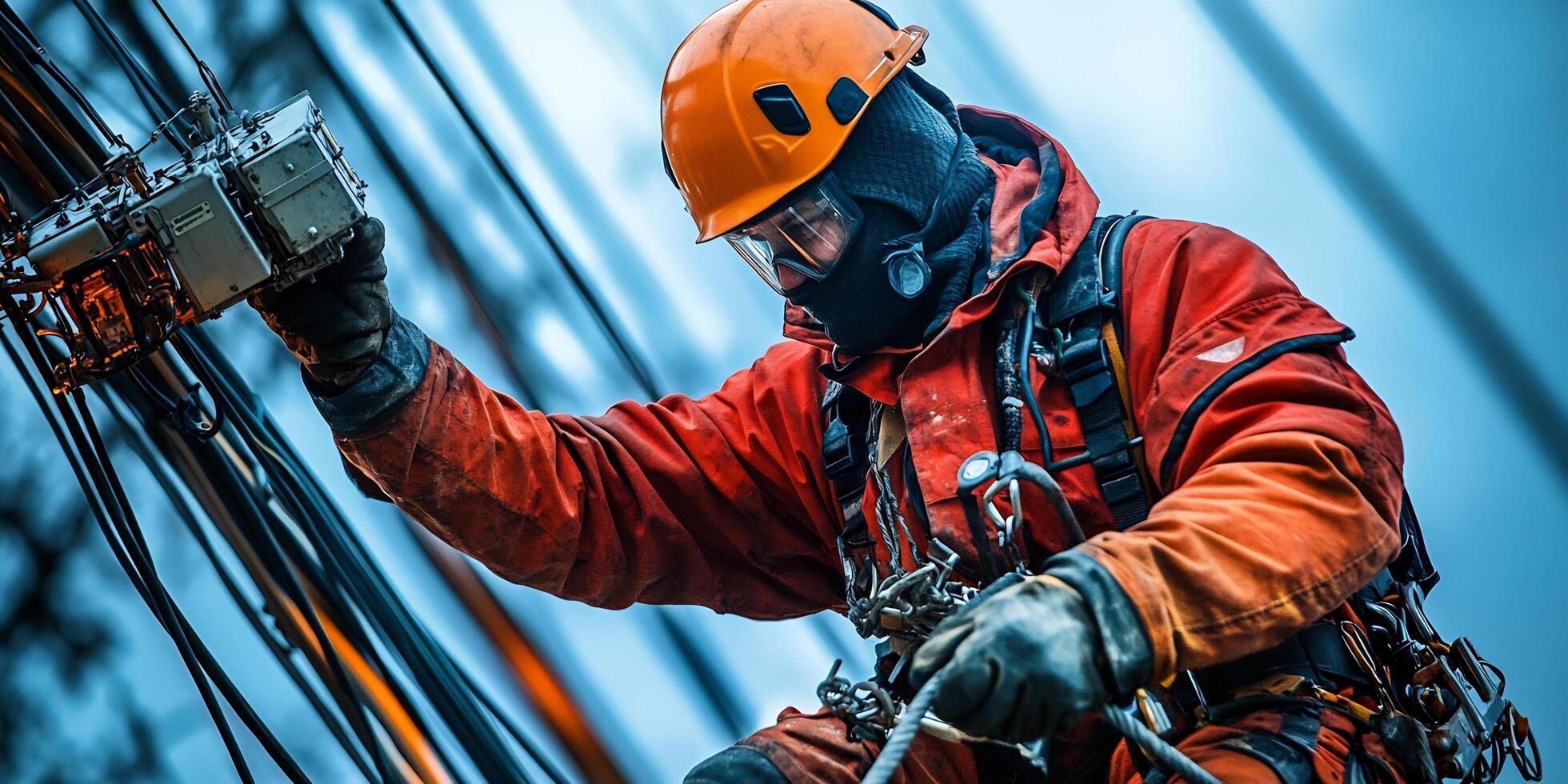 Electrical technician working on high voltage cables with safety gear on photo