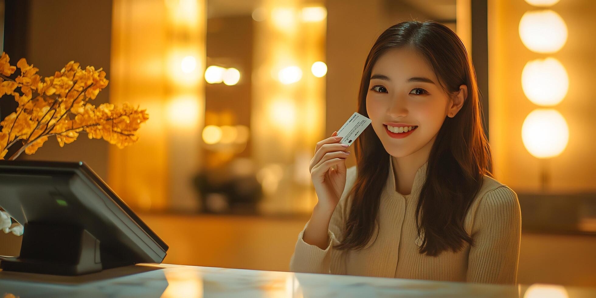 Smiling Woman Holding Credit Card at Counter With Warm Lighting, Business Concept photo