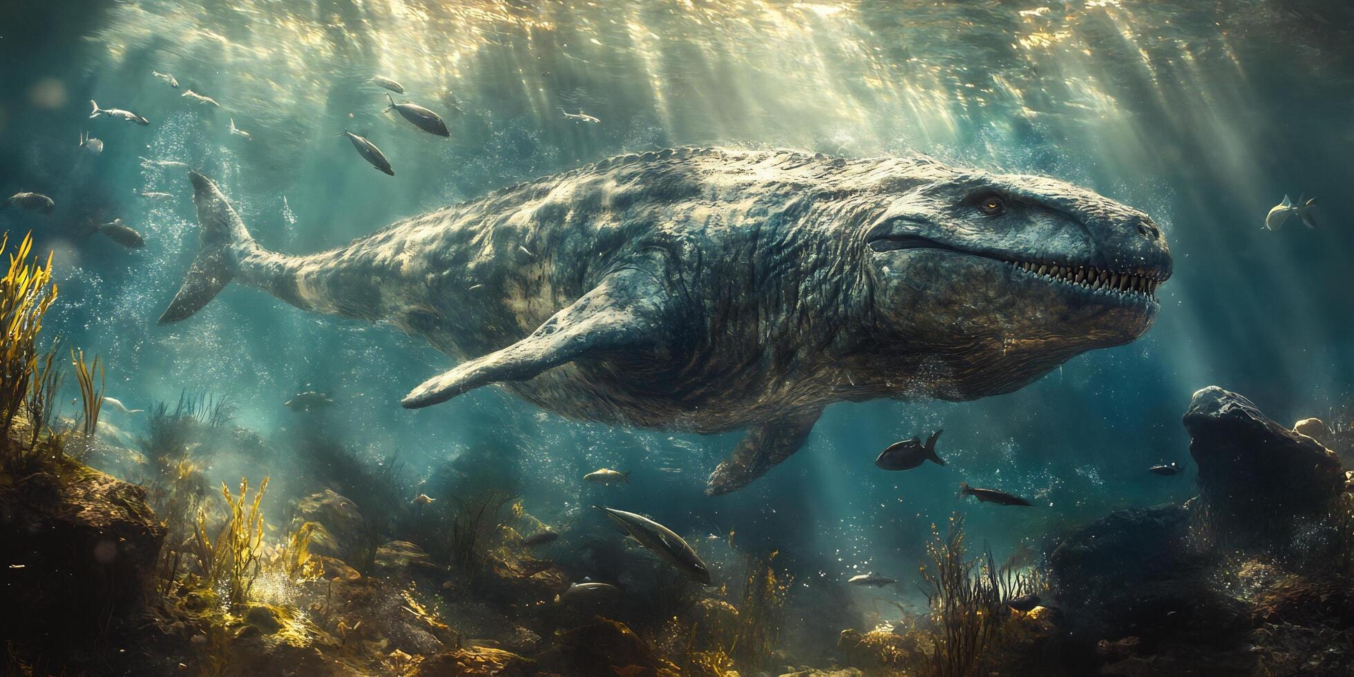 Underwater scene featuring a large marine reptile with other smaller fish around it photo