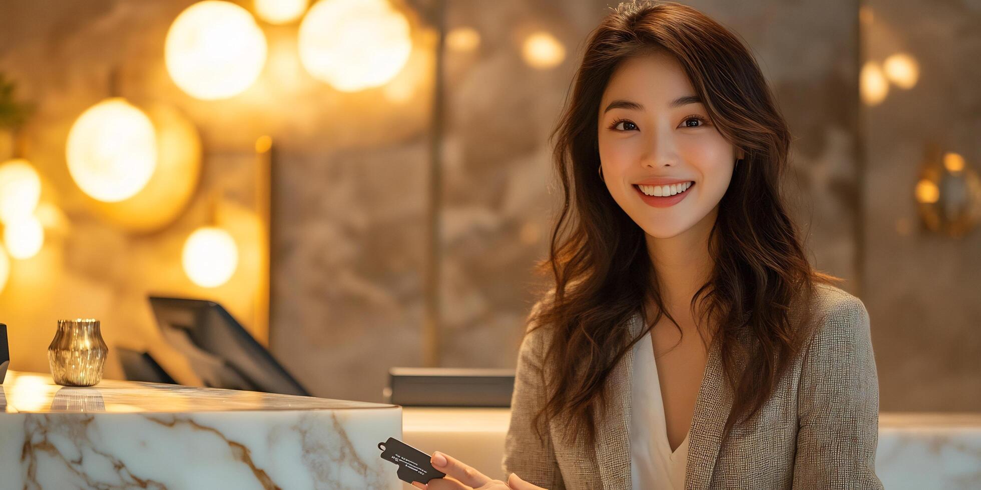 Smiling woman in blazer holding a black card standing at a white marble counter with glowing lightbulbs photo