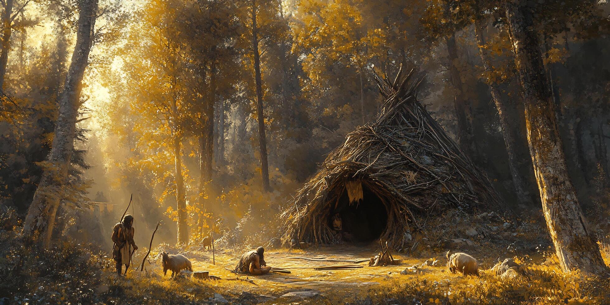 A Primitive Hut in a Forest with People and Sheep, Bathed in Golden Sunlight photo
