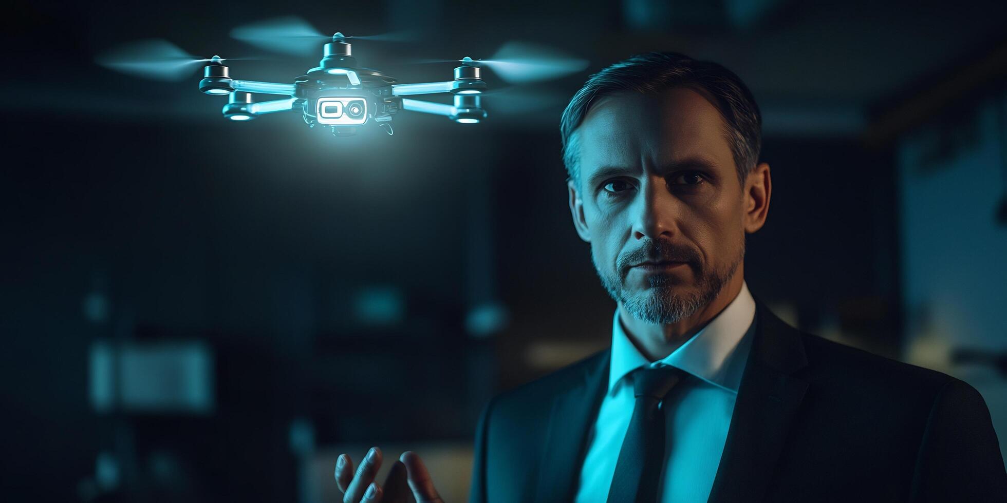 A man in a suit looks at a glowing drone flying in a dark environment with serious expression photo