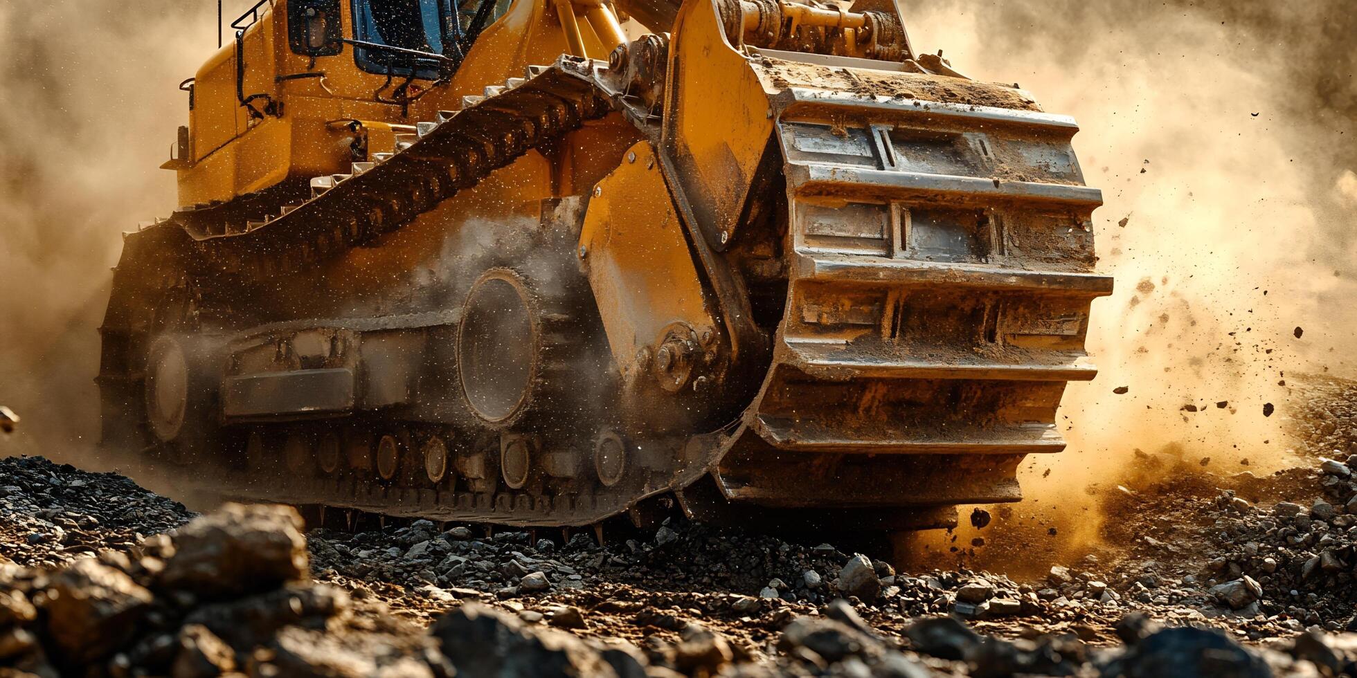 Heavy Machinery in Action Bulldozer at Work Creating Dust and Moving Rock and Stone photo