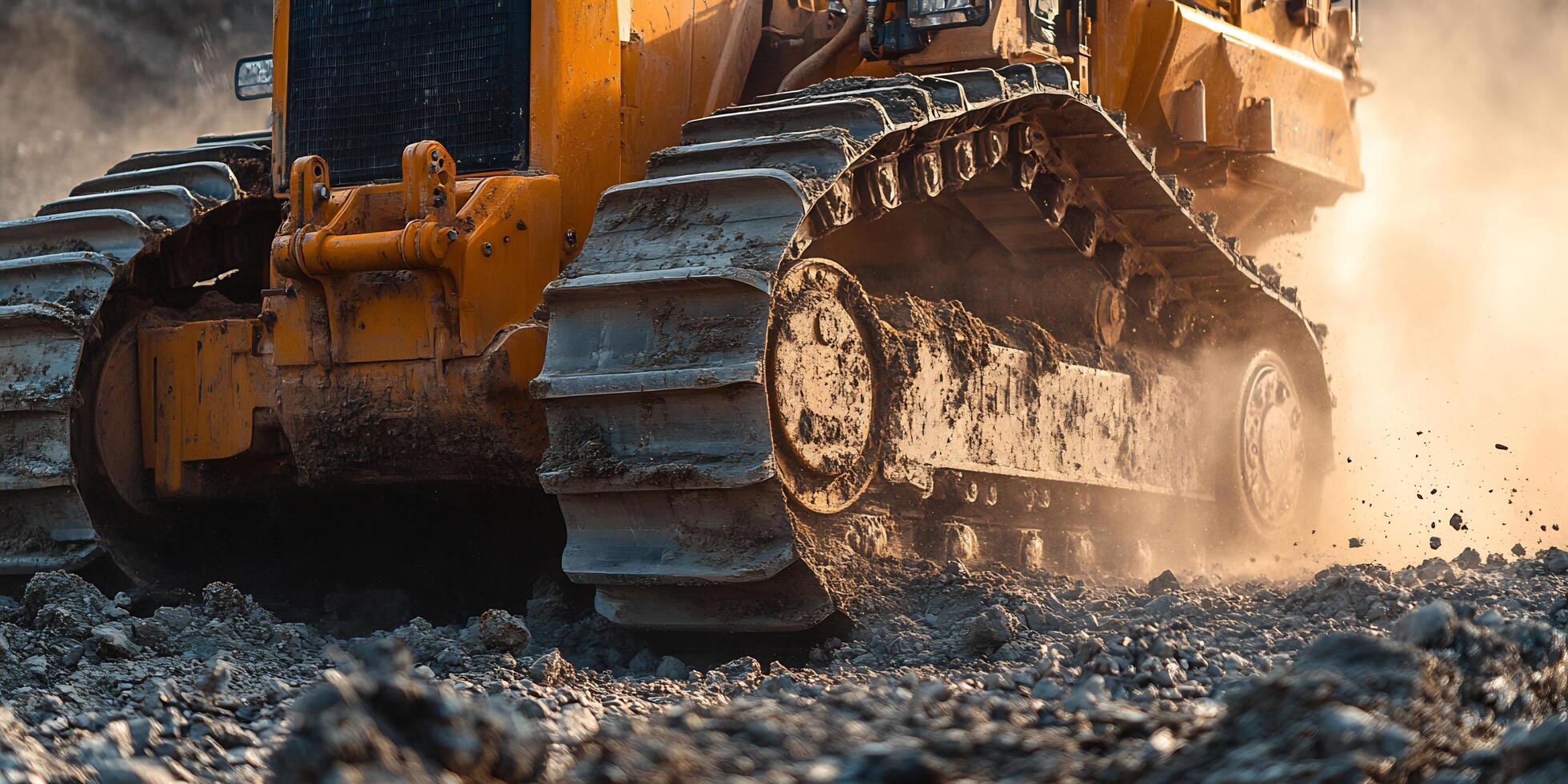 Close-up of an orange bulldozer with large tracks moving across a rocky surface with dust flying photo