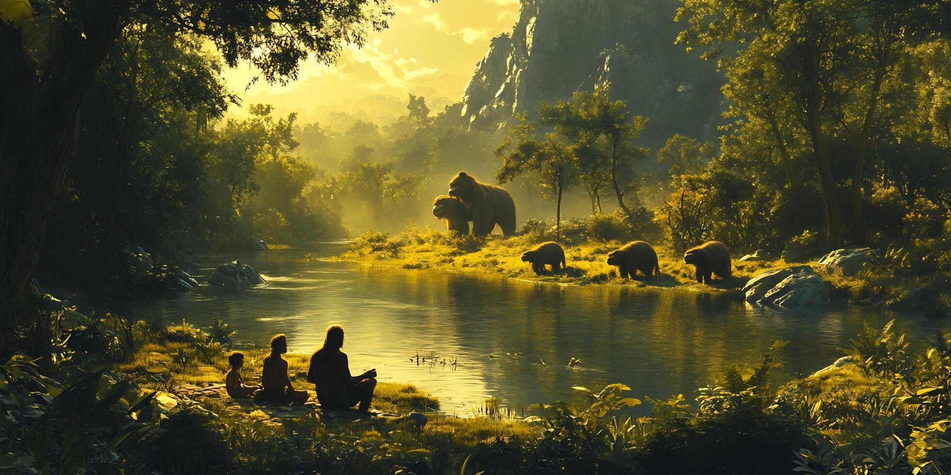 A serene golden hour scene of a family and group of bears by a river in nature photo