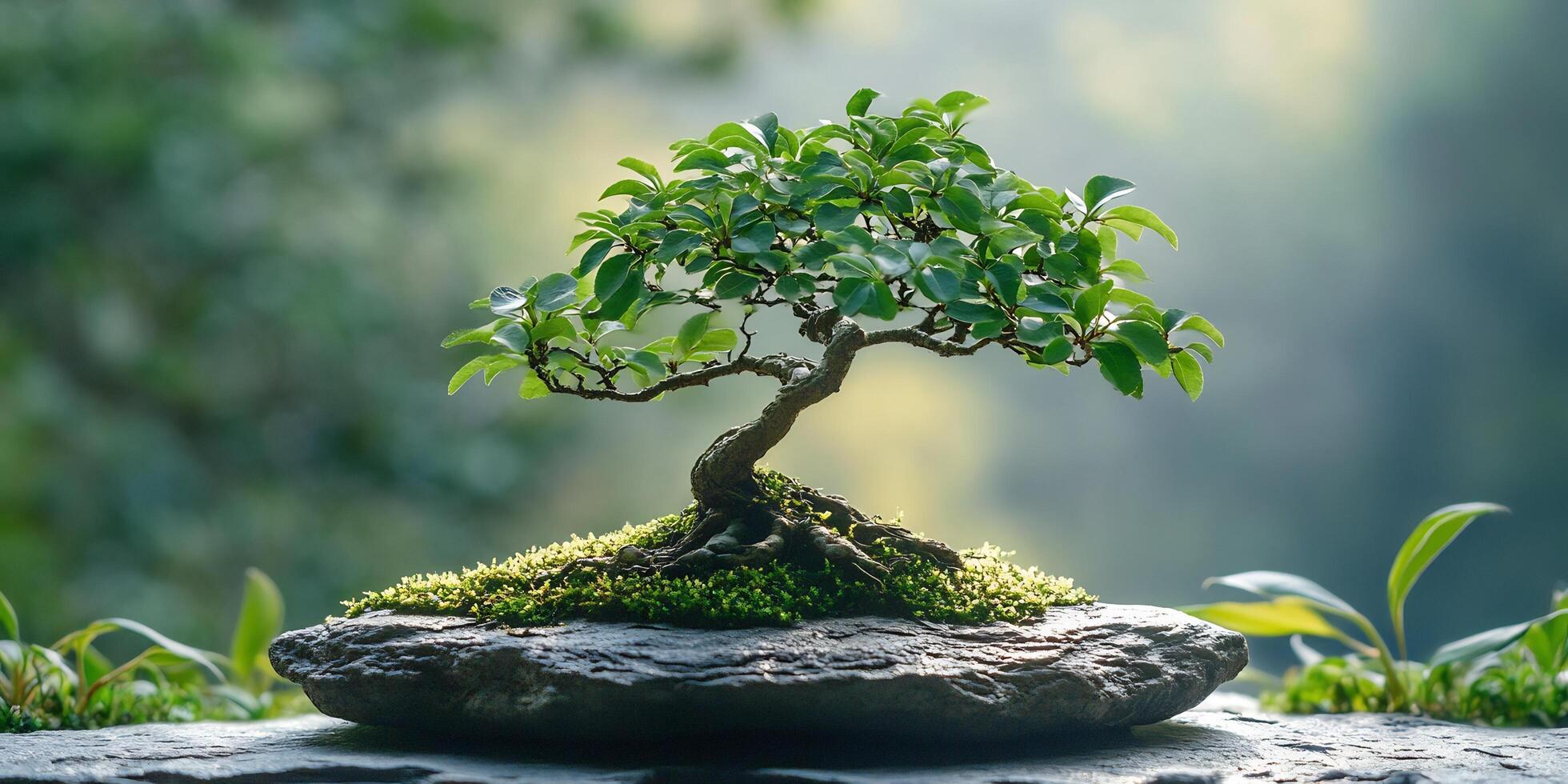 Bonsai Tree on a rock with green moss and a blurred background of trees photo