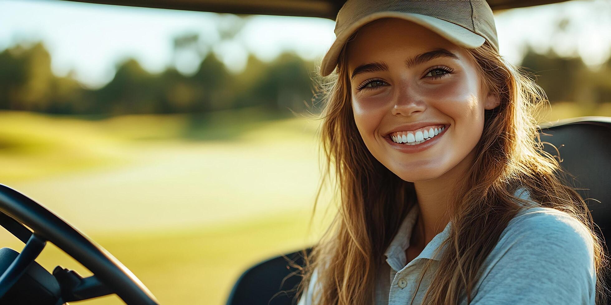 Smiling woman with a beige cap sitting in a vehicle with a green field background photo