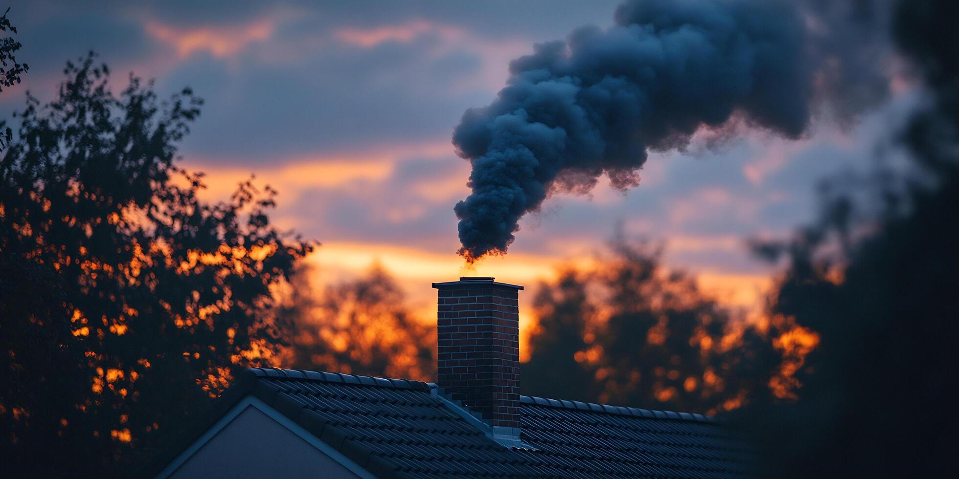 Dark smoke billows from a chimney against a striking sunset sky, framed by trees, creating a dramatic scene photo