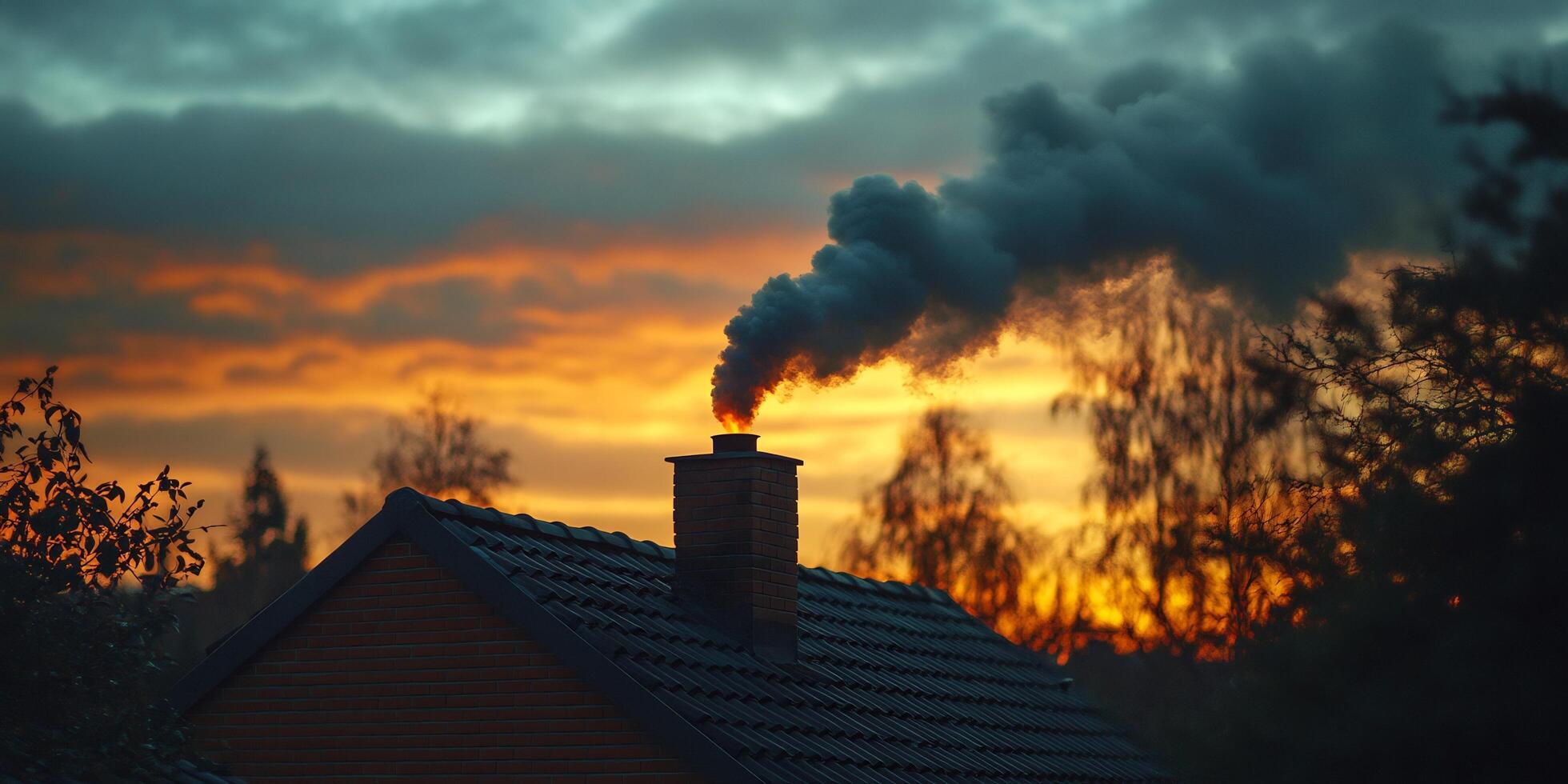 A dark chimney expels smoke into an orange and gray sky at sunset, silhouette trees can be seen in background photo