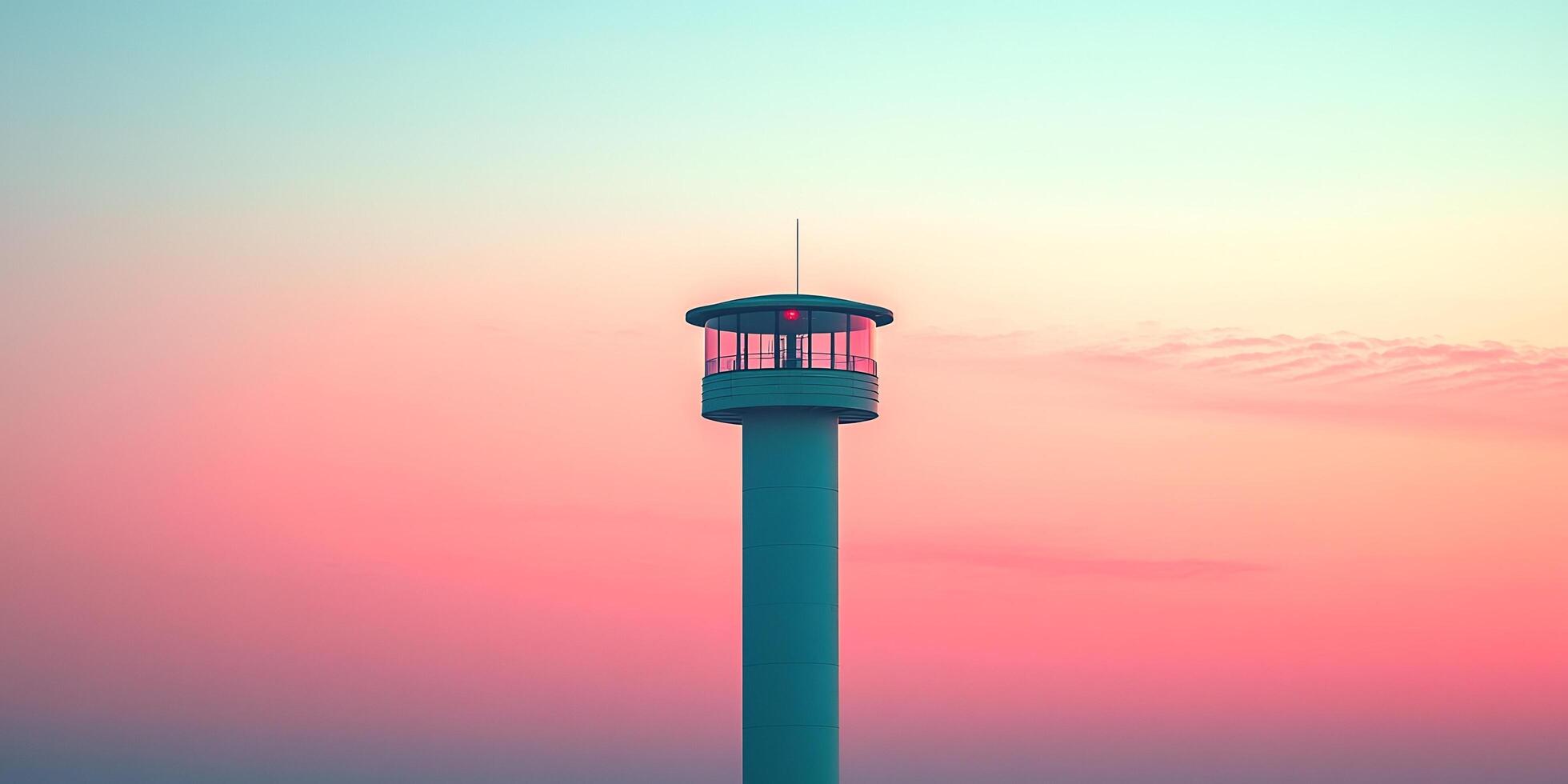 A minimalist image of a tall observation tower against a soft gradient sky at sunset photo