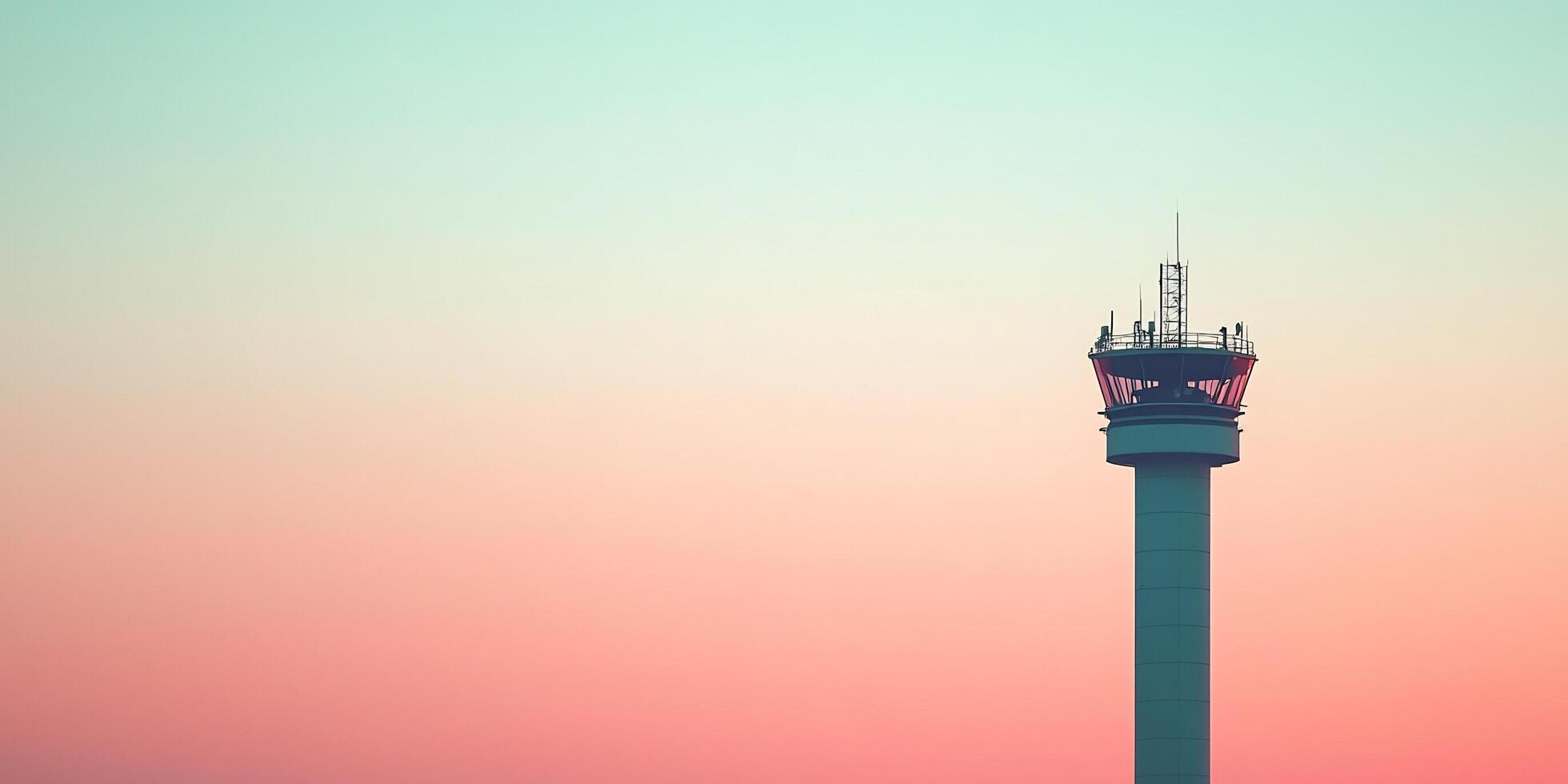 Airport Control Tower Silhouetted Against a Gradient Sunset Sky Minimalist Design photo