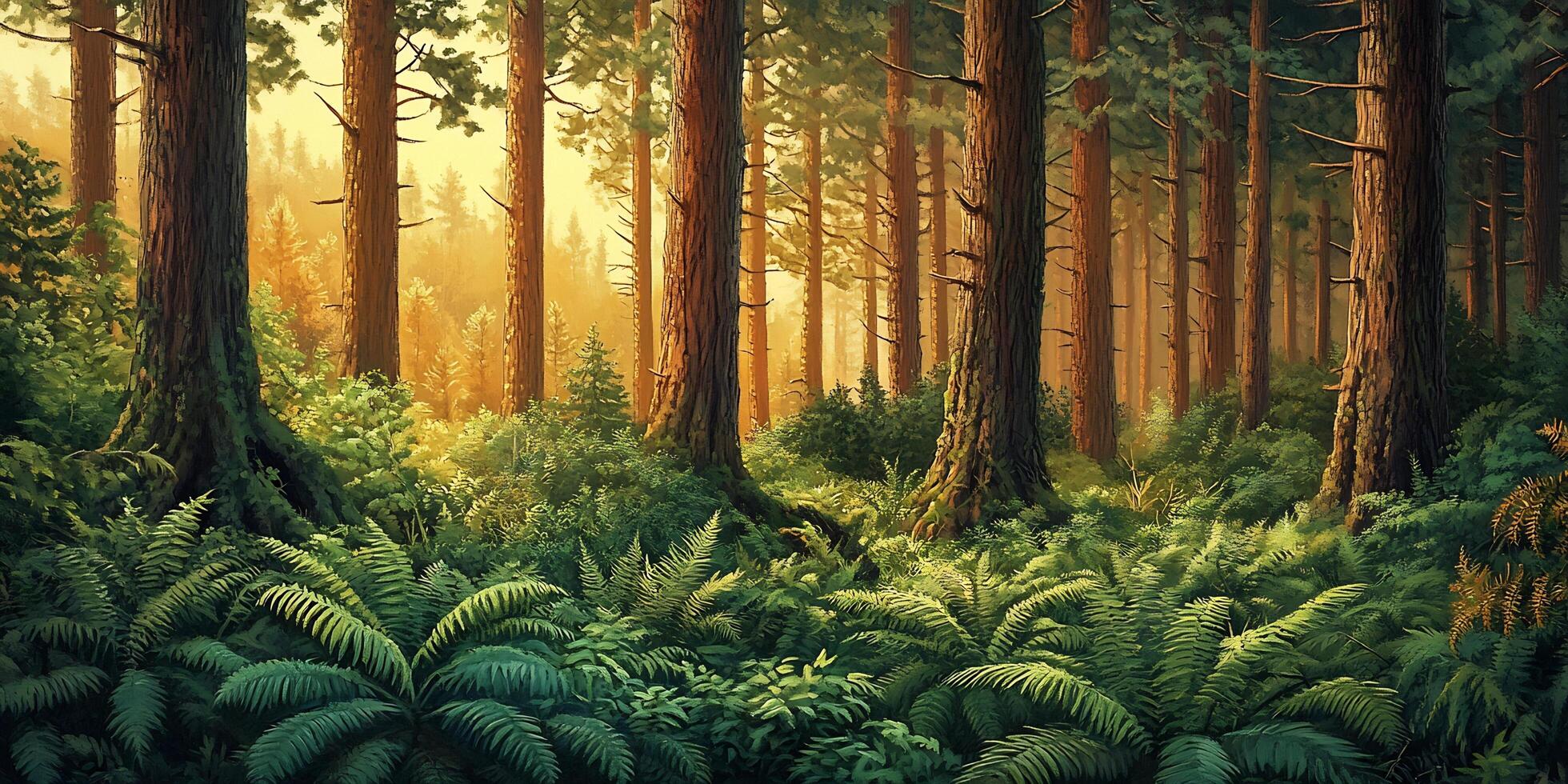 Sunlight filters through tall trees, illuminating ferns and foliage in a peaceful forest scene photo