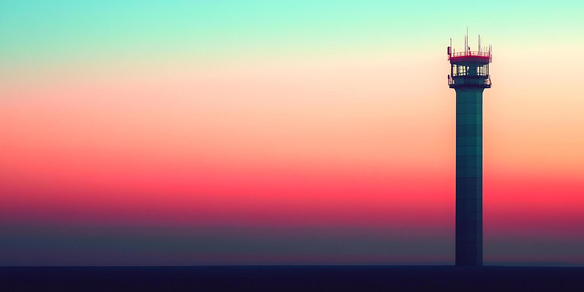 A tall communication tower silhouetted against a vibrant gradient sunset sky of aqua pink and red photo