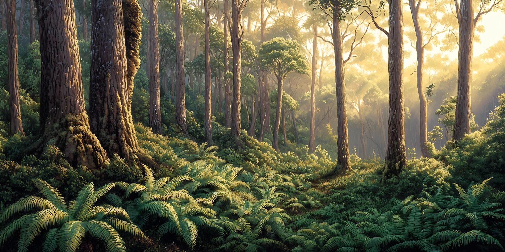 Enchanted Forest with Sun Rays Shining Through Tall Trees and Green Ferns photo
