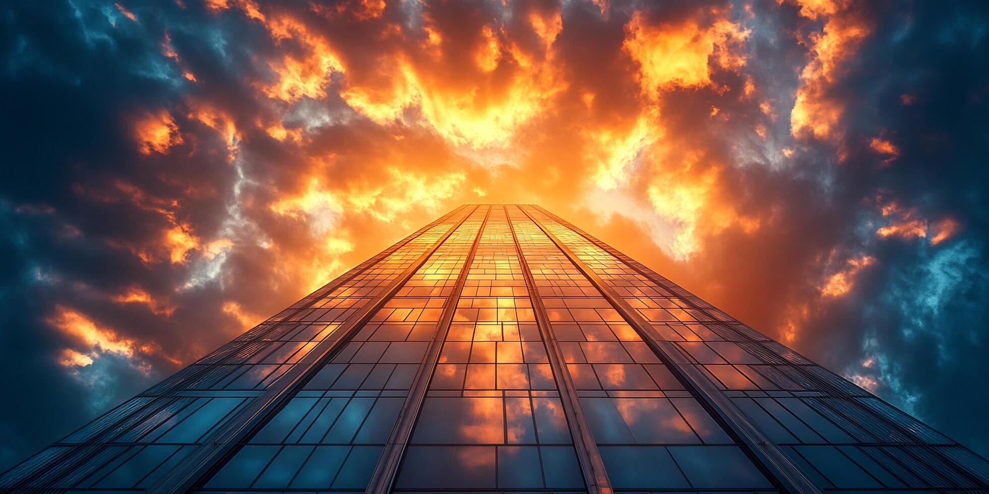 A low angle view of a glass skyscraper with a vibrant orange and blue sunset sky photo
