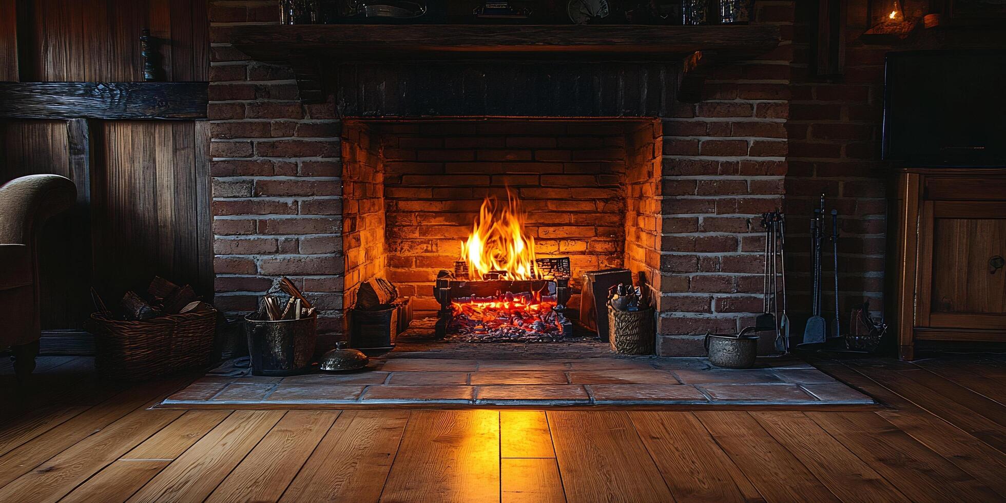 Cozy fireplace with burning logs in a rustic room at night with warm light photo