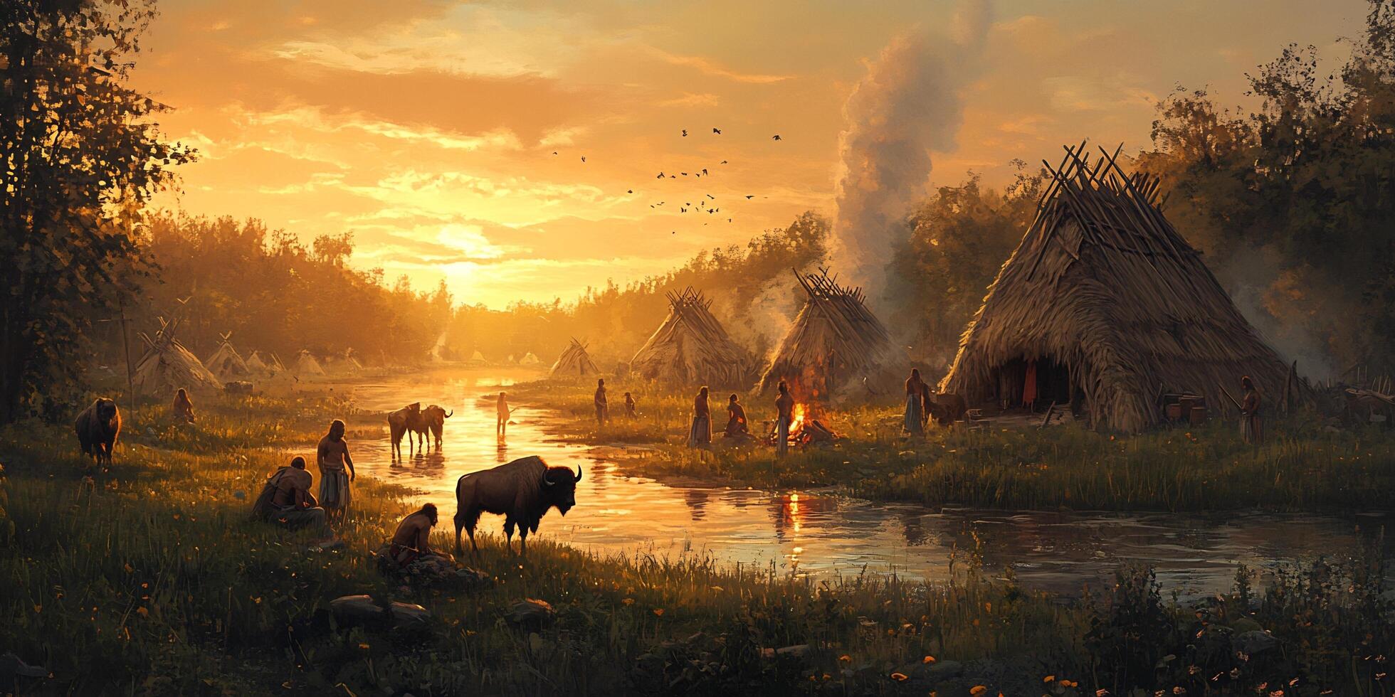 Native American Village at Sunset with Bison by a River and Traditional Huts photo
