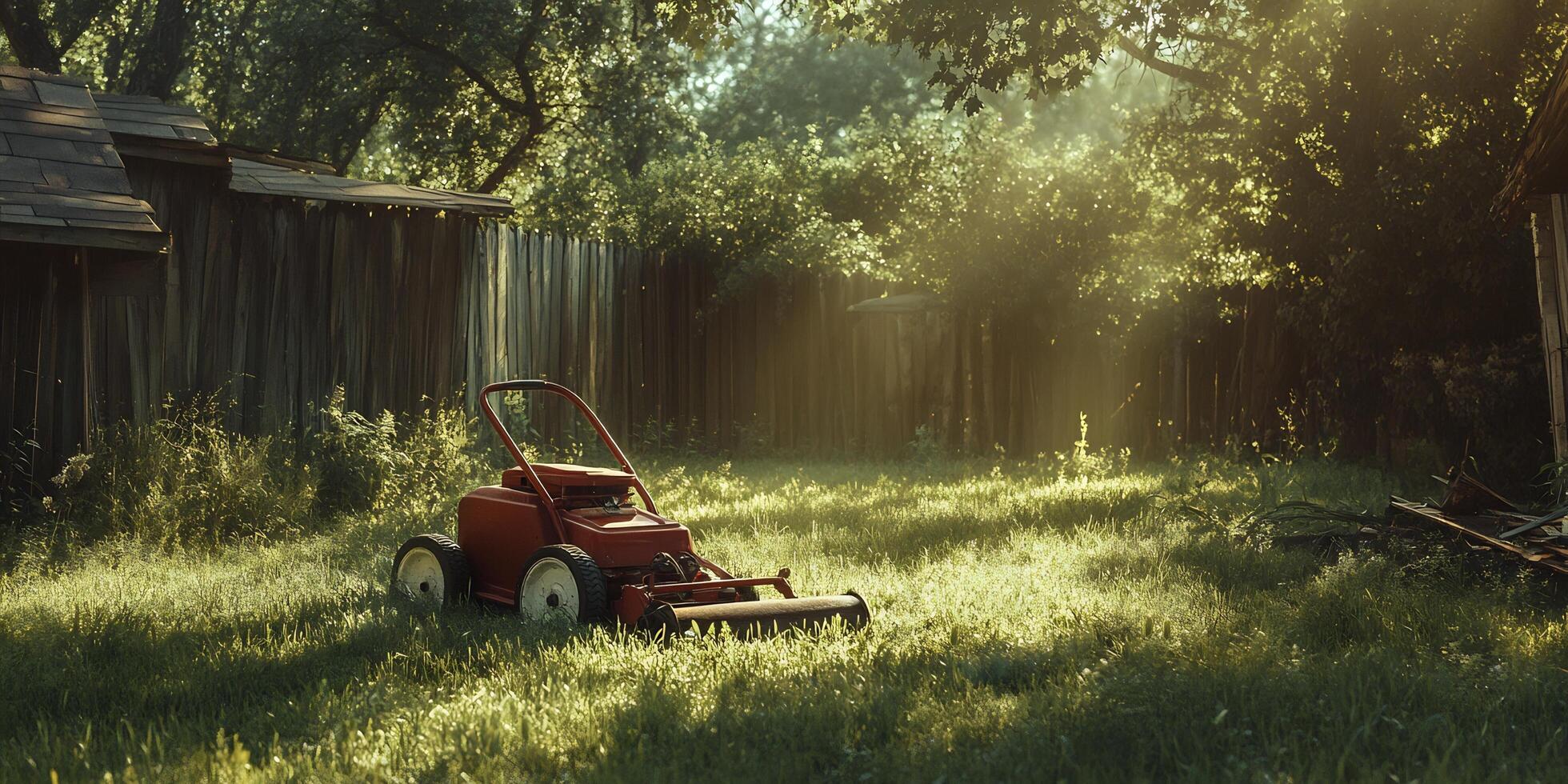 A Red Lawn Mower in a Sunny Backyard ready to mow the grass with sun rays photo