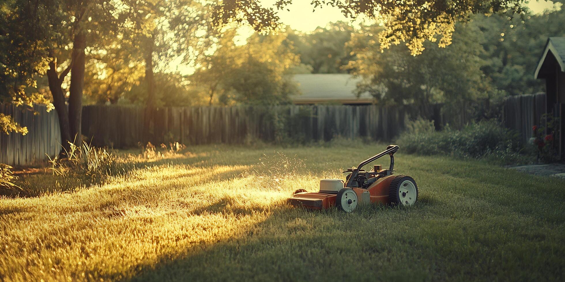 An orange lawn mower cuts the grass in a yard during golden hour sunlight is shining on the scene photo