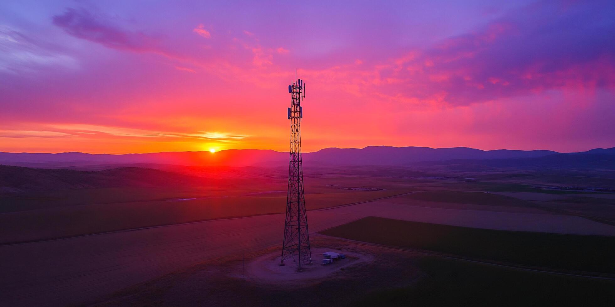 Telecommunication tower standing in a rural landscape at sunset under a sky with pink clouds photo