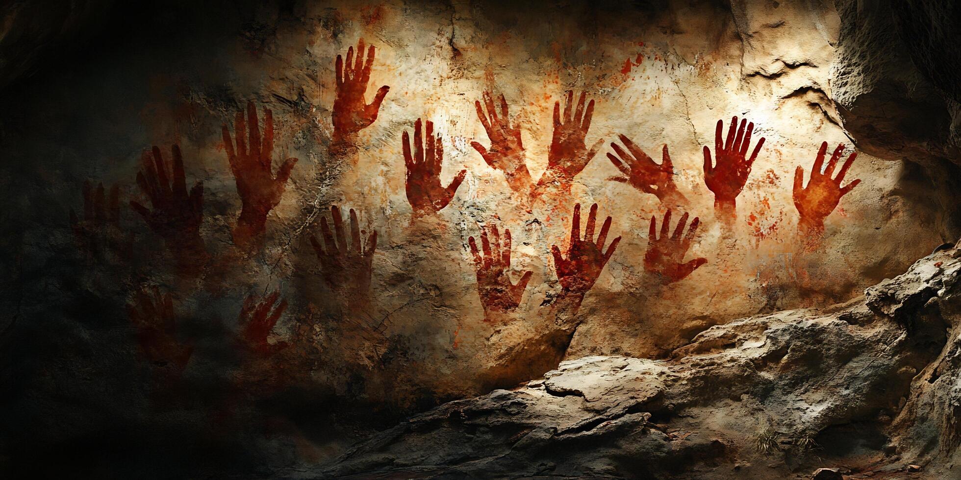Ancient cave paintings of red handprints on a rough stone wall inside a cave illuminated photo