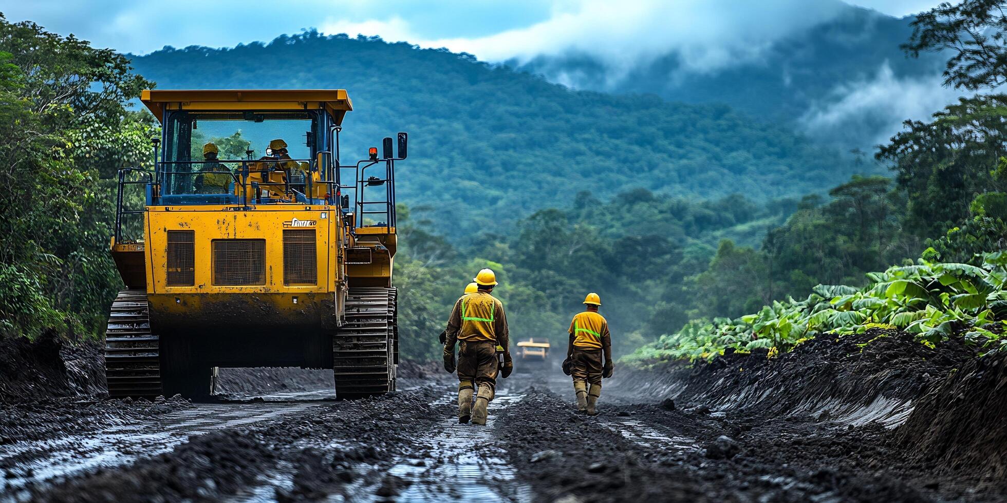 Construction workers and heavy machinery on a dirt road with a mountain in the background photo