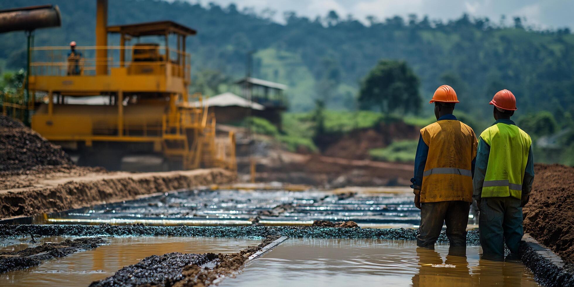 Two Workers Stand in Water at Construction Site with Heavy Machinery and Hills photo