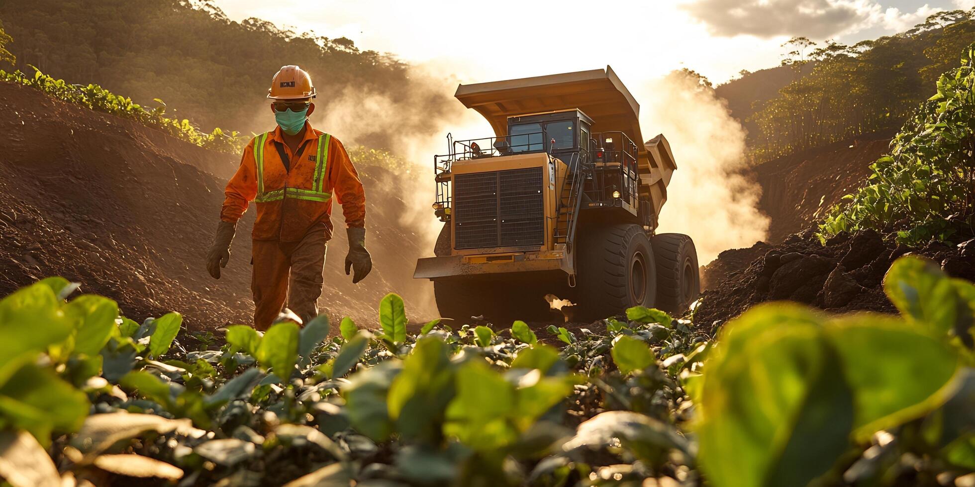 Heavy machinery in the sunset with a person wearing an orange jacket and a mask photo