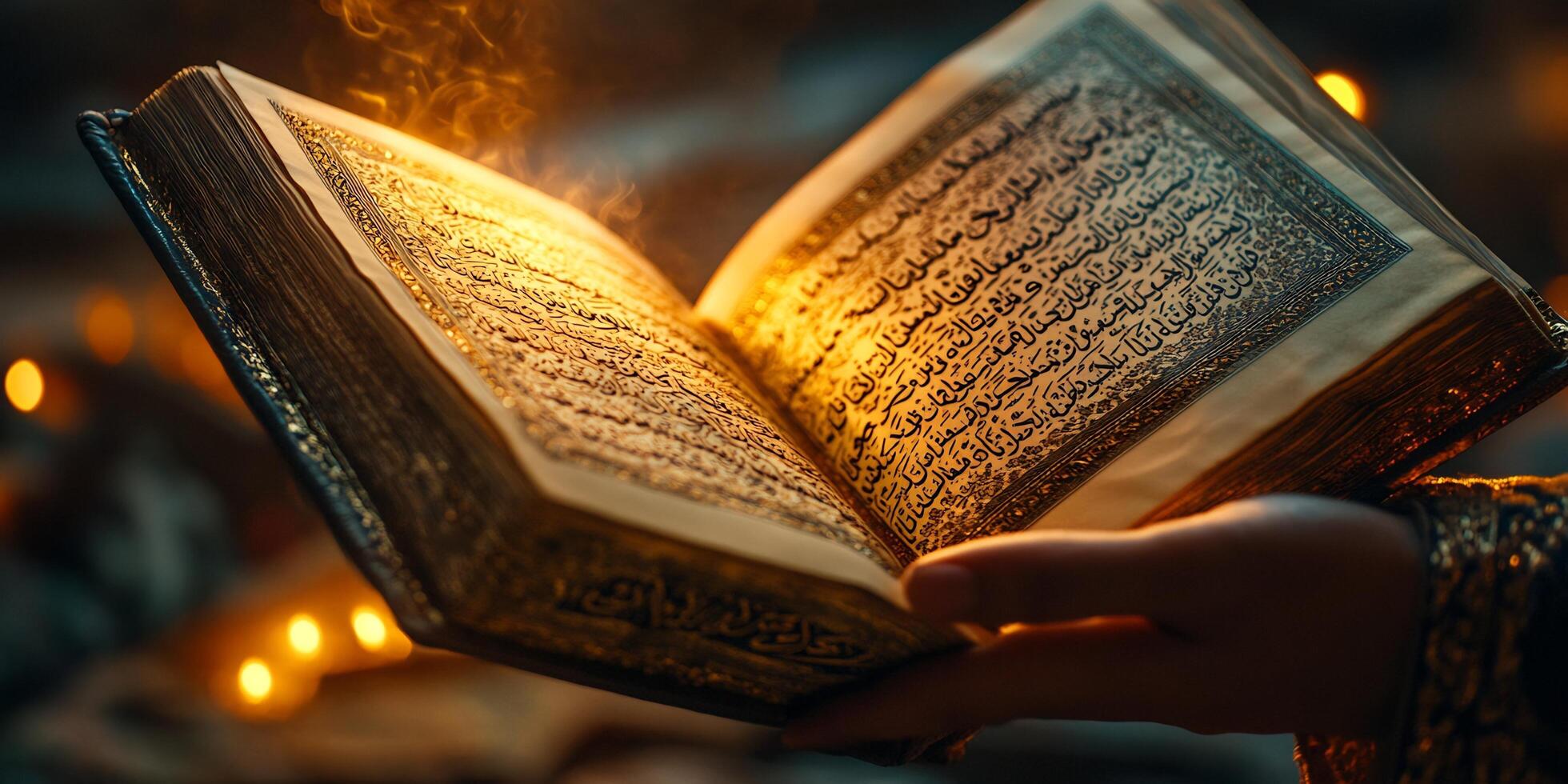 Quran illuminated with golden light being held in someone's hands detail view photo