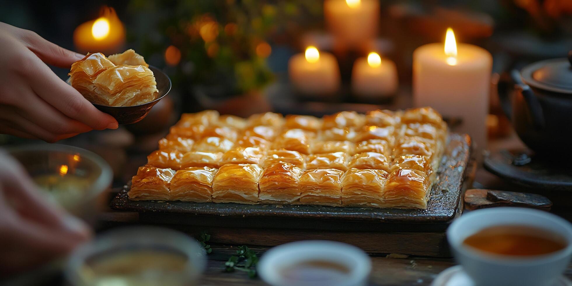 Baklava dessert, with a tea, and a set of candles on a wooden table, in a dinner table, close up shot photo