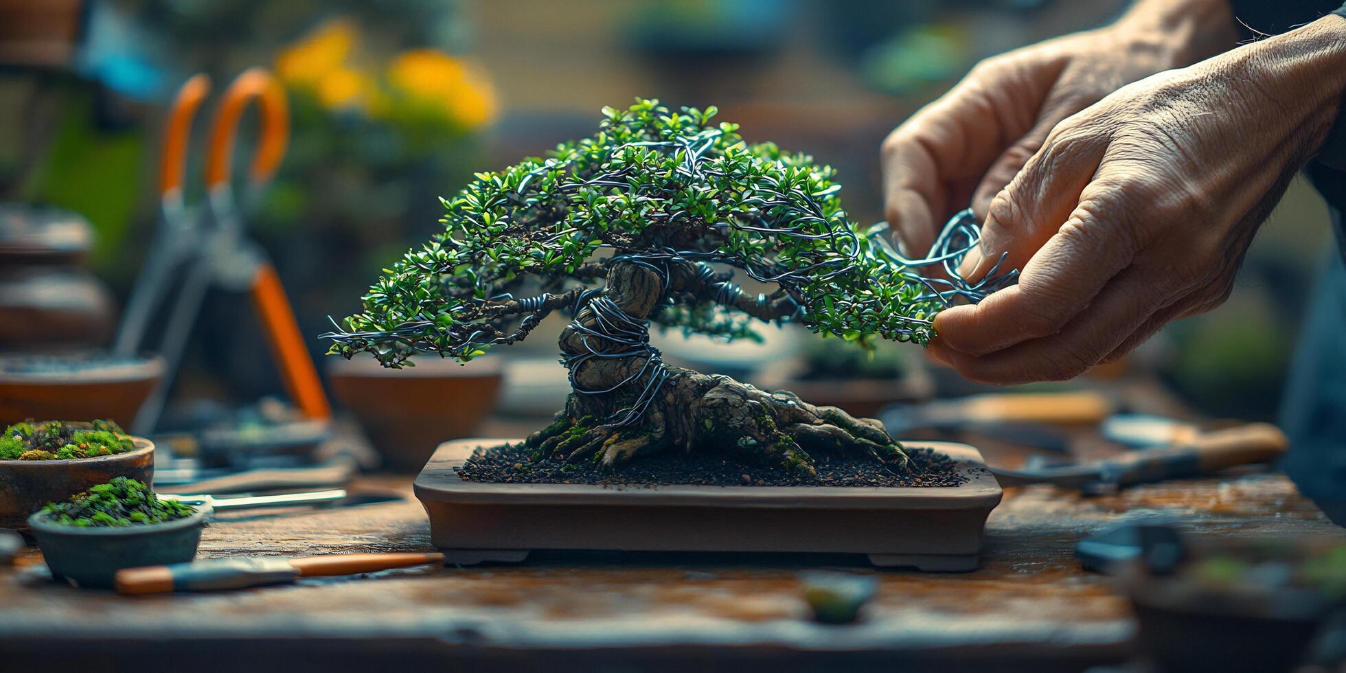 A close up view of hands working with wire around a bonsai tree on a wooden table photo