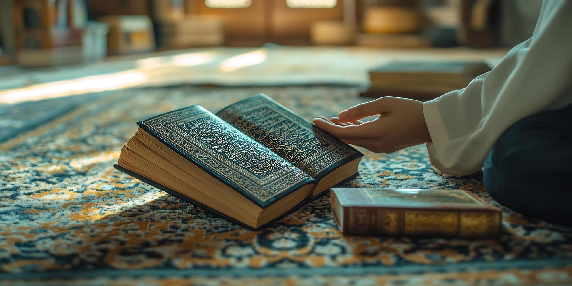 Person reading Holy Quran in a serene interior with sunlight illuminating the pages and carpet photo