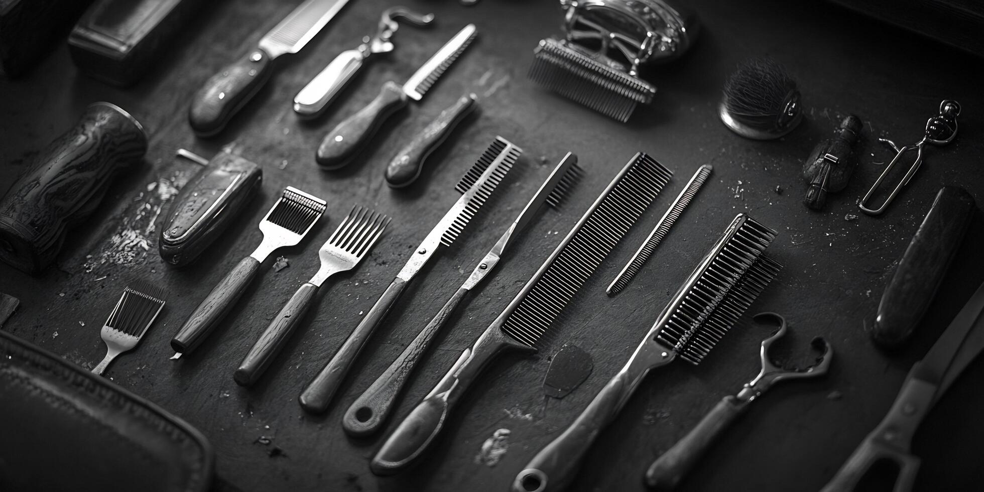 A detailed monochrome view of various vintage barber tools neatly arranged on a dark surface photo