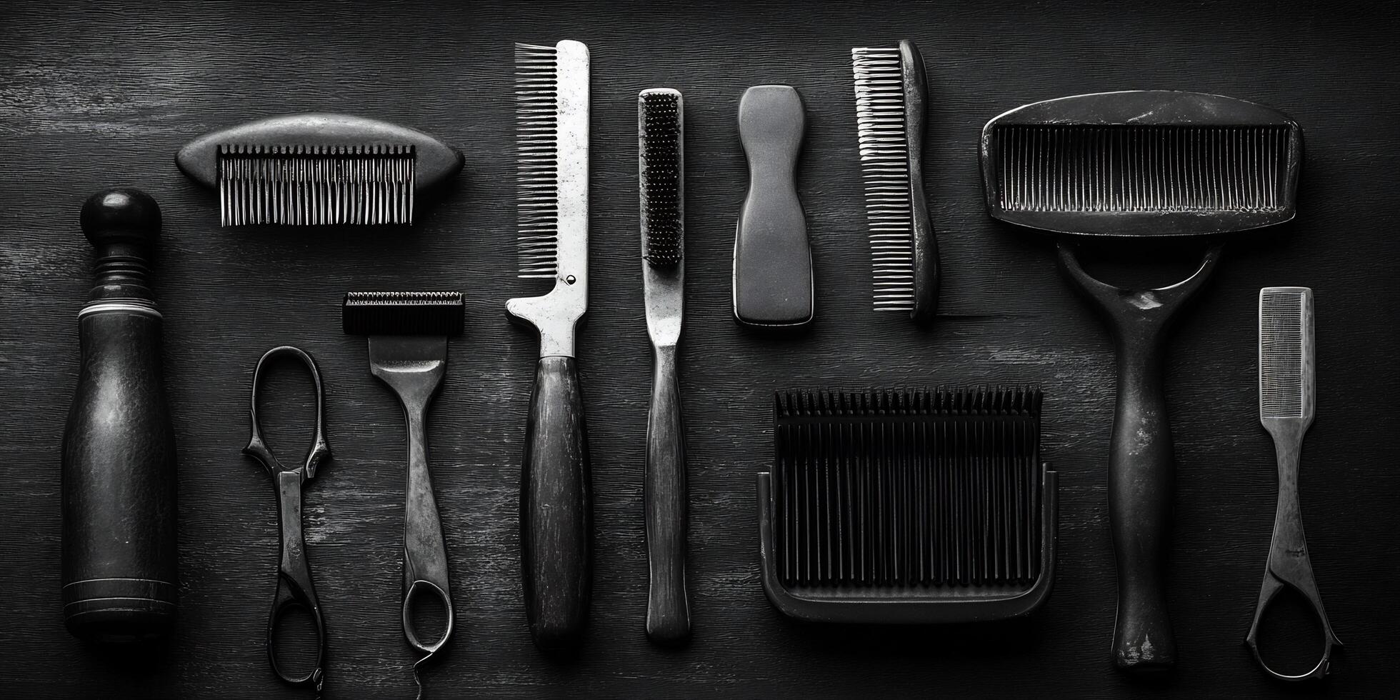 Collection of vintage barber tools on a dark wooden surface creating a monochrome still life photo