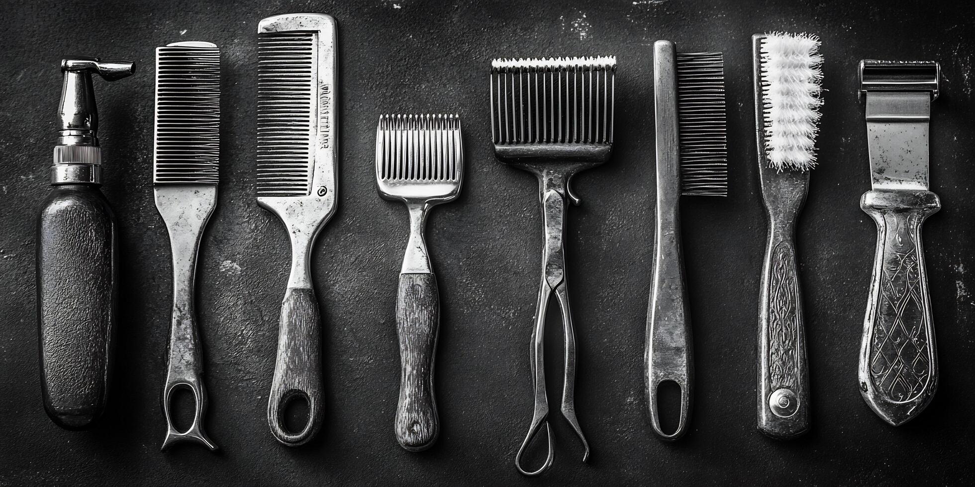 Vintage grooming tools arranged on a dark textured surface for a classic barber feel photo