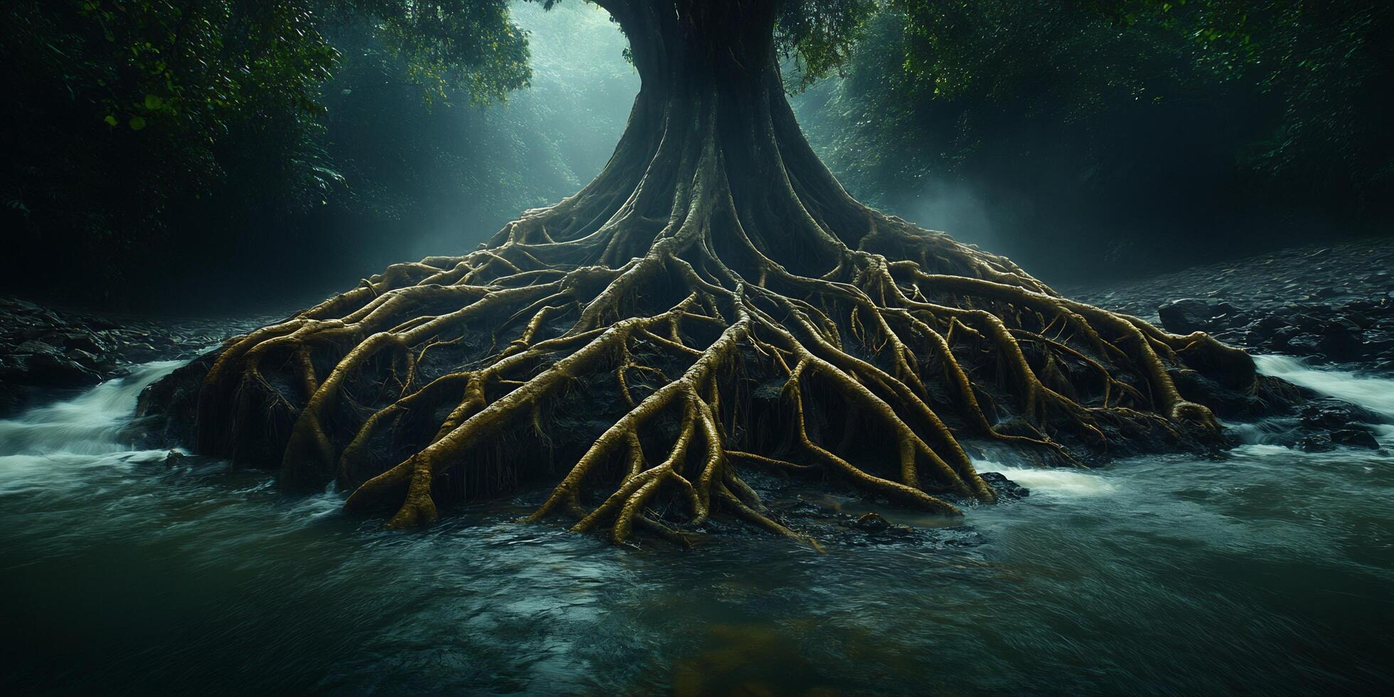 A large ancient tree with intricate roots exposed by a flowing river in a misty forest setting photo