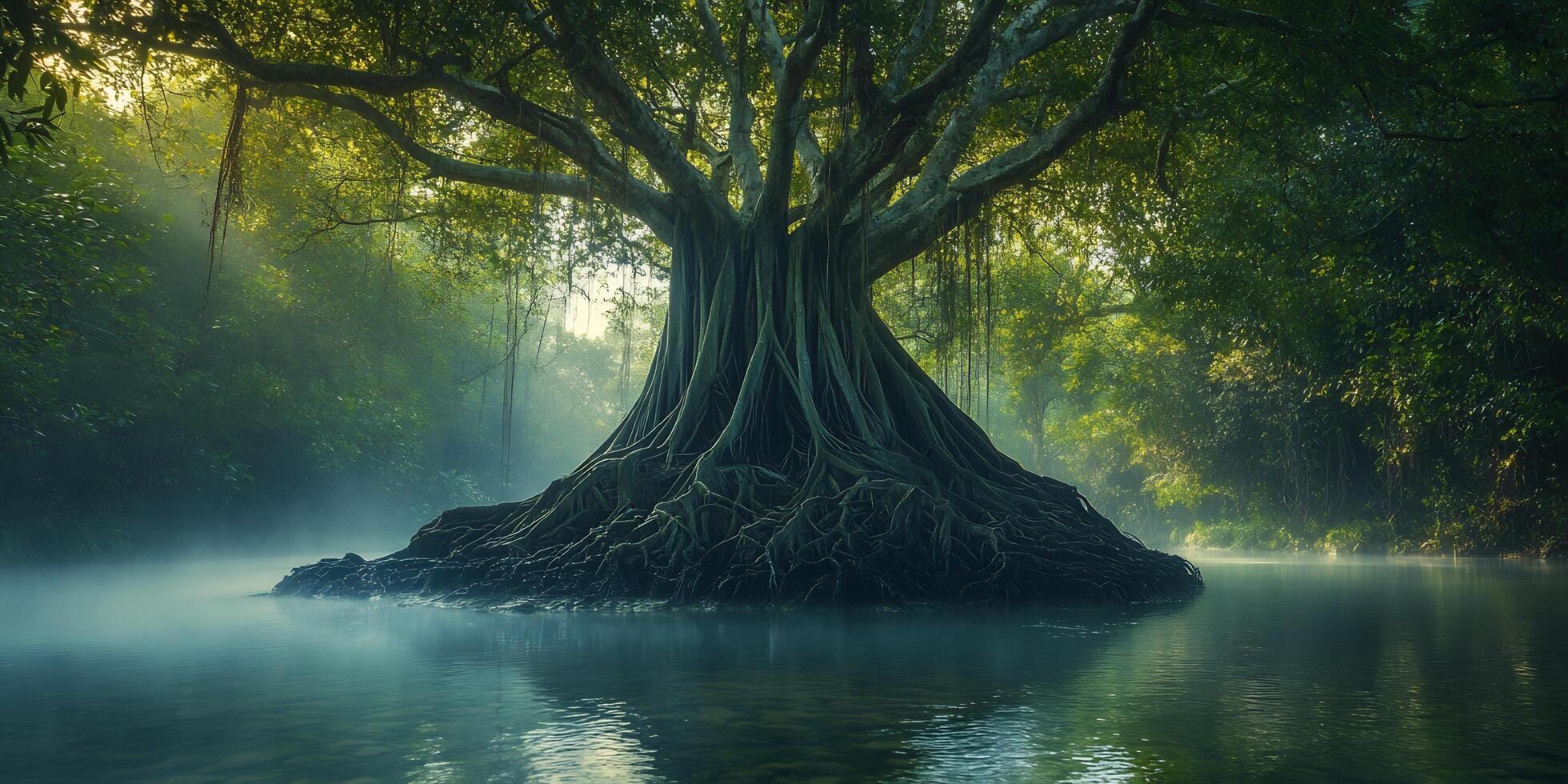 A majestic tree with sprawling roots stands in a serene river at twilight offering ethereal and calming beauty photo
