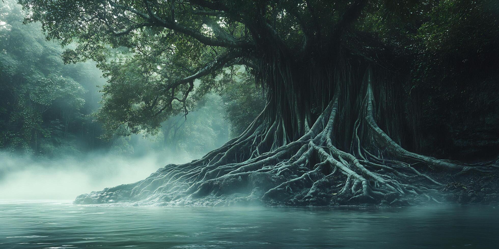 Mystical ancient tree with roots overhanging a misty river in an enchanted forest photo