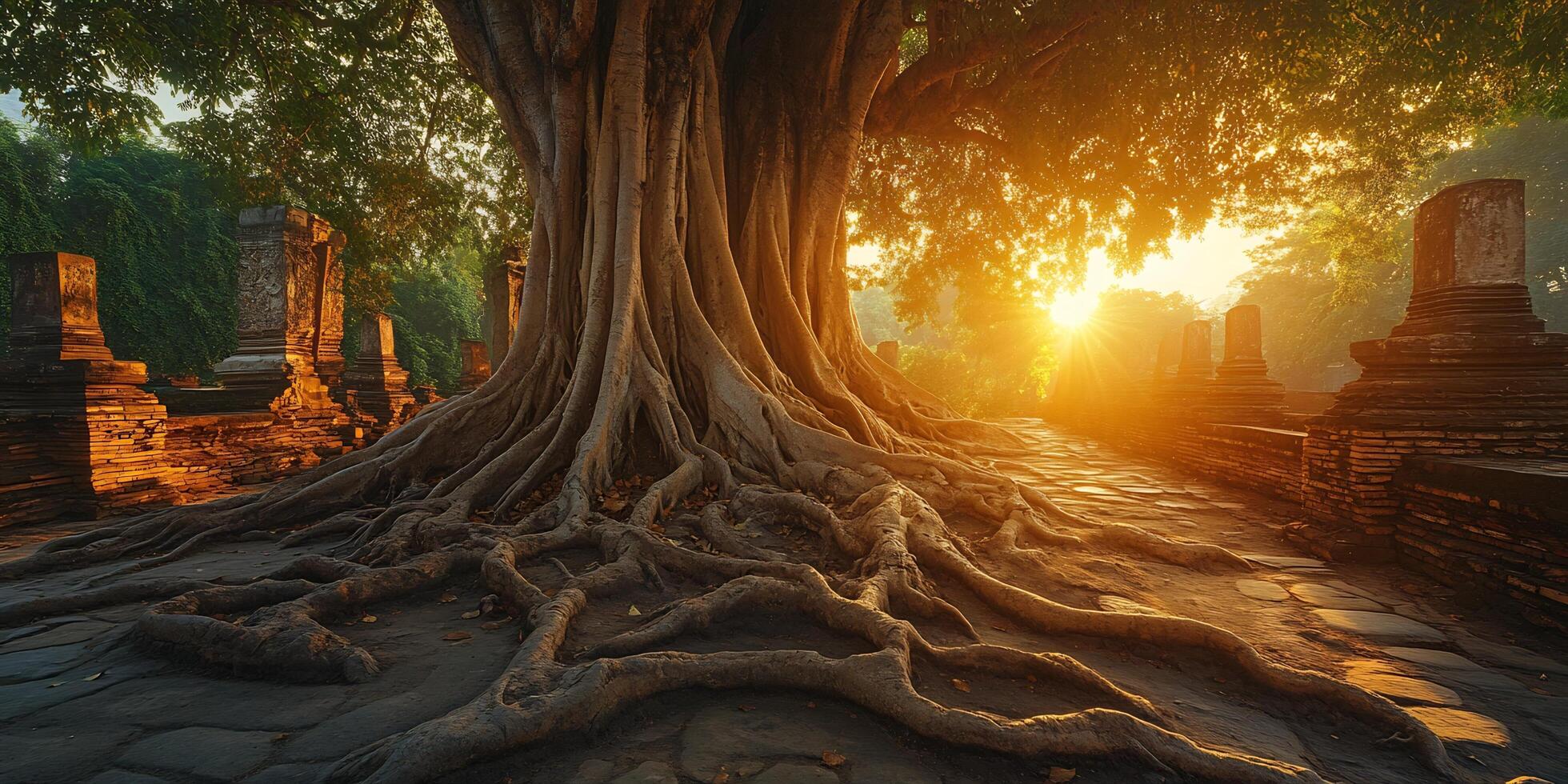 Ancient Tree Roots and Stone Ruins in Golden Sunset Light with warm colors photo