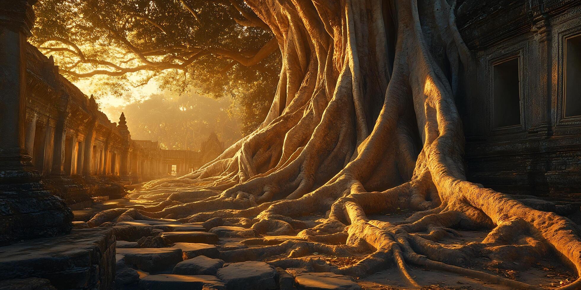 Ancient temple ruins intertwined with giant tree roots at golden hour photo