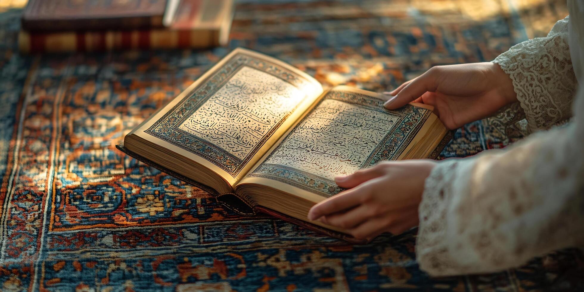 Hands holding open a book with Arabic calligraphy, resting on a patterned carpet with books photo