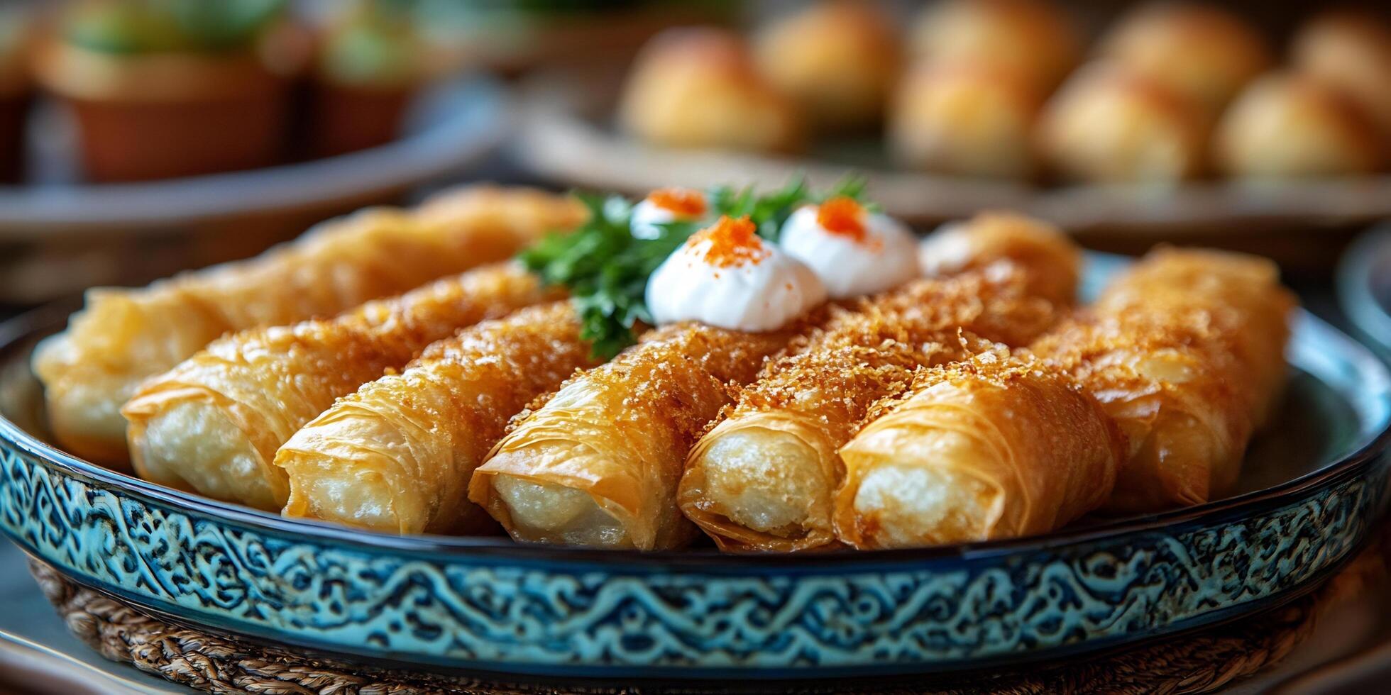 Delicious crispy rolls on a decorated plate with creamy and crunchy toppings photo